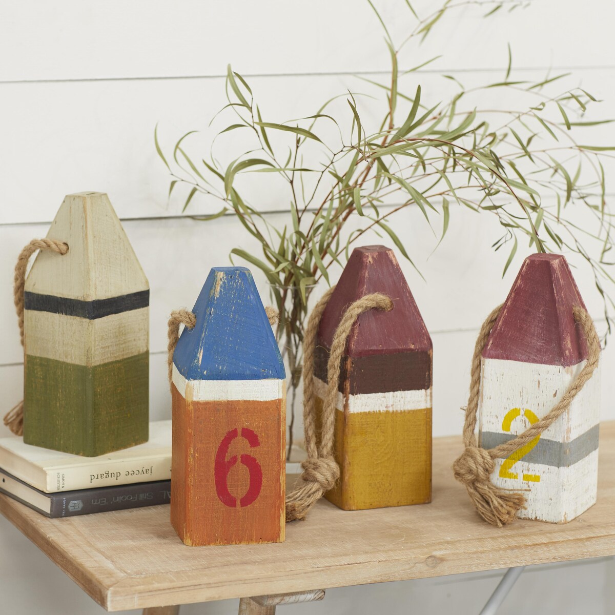 Wood Buoy Decorative Sculpture with Rope Accents - Set of 4 Multi Colored - Roche River Decor