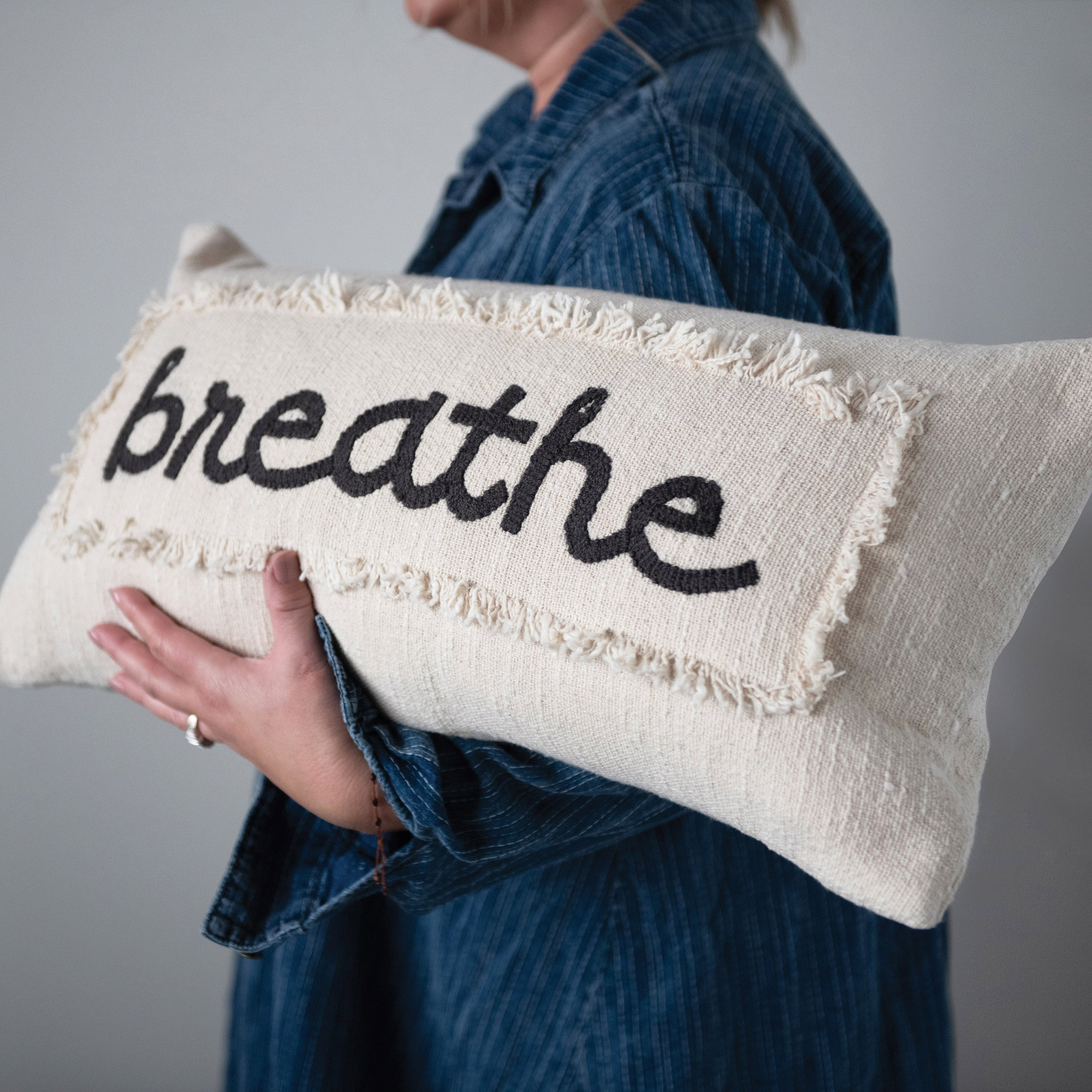 Embroidered Cotton Pillow Breathe with Eyelash Fringe, Cream & Charcoal Color