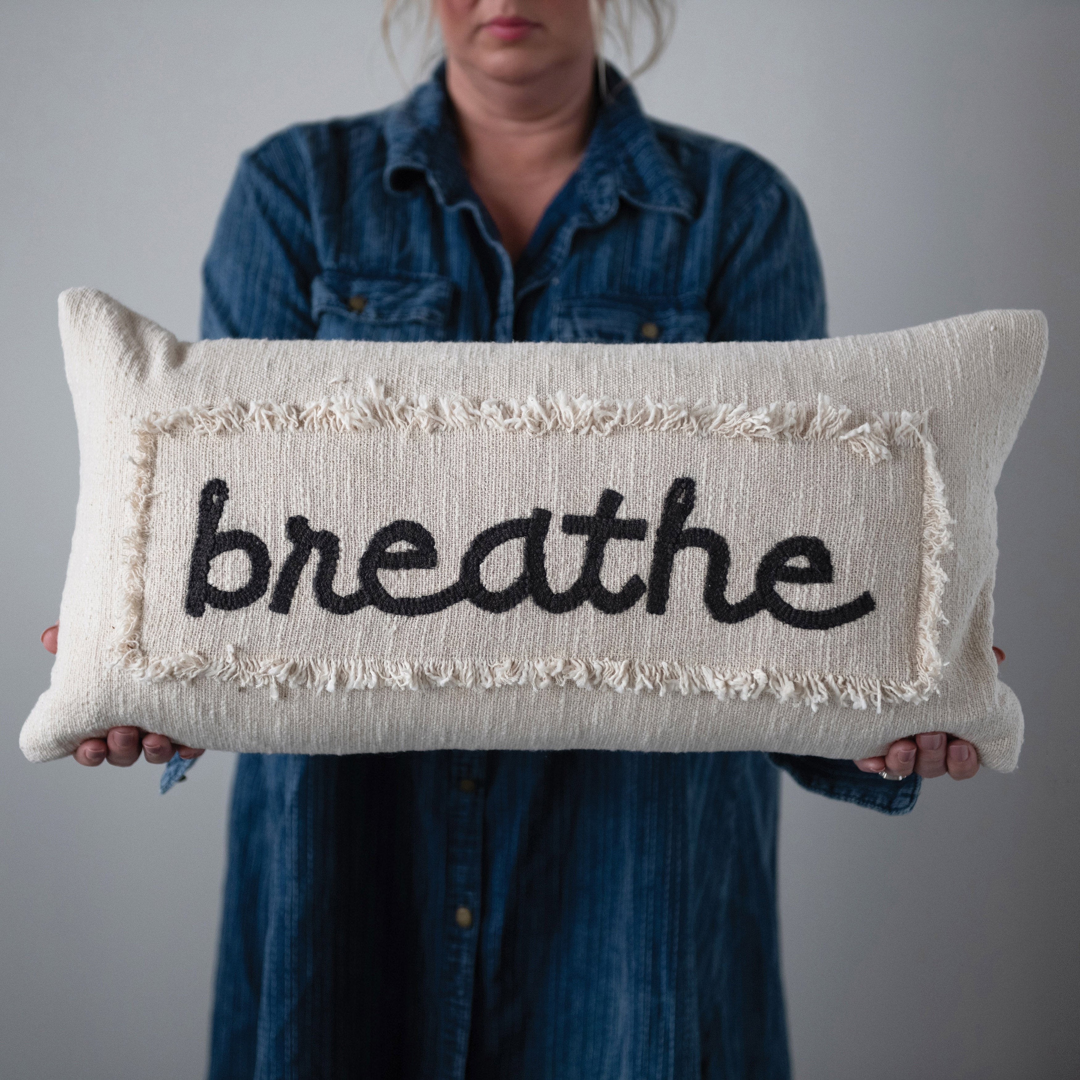 Embroidered Cotton Pillow Breathe with Eyelash Fringe, Cream & Charcoal Color