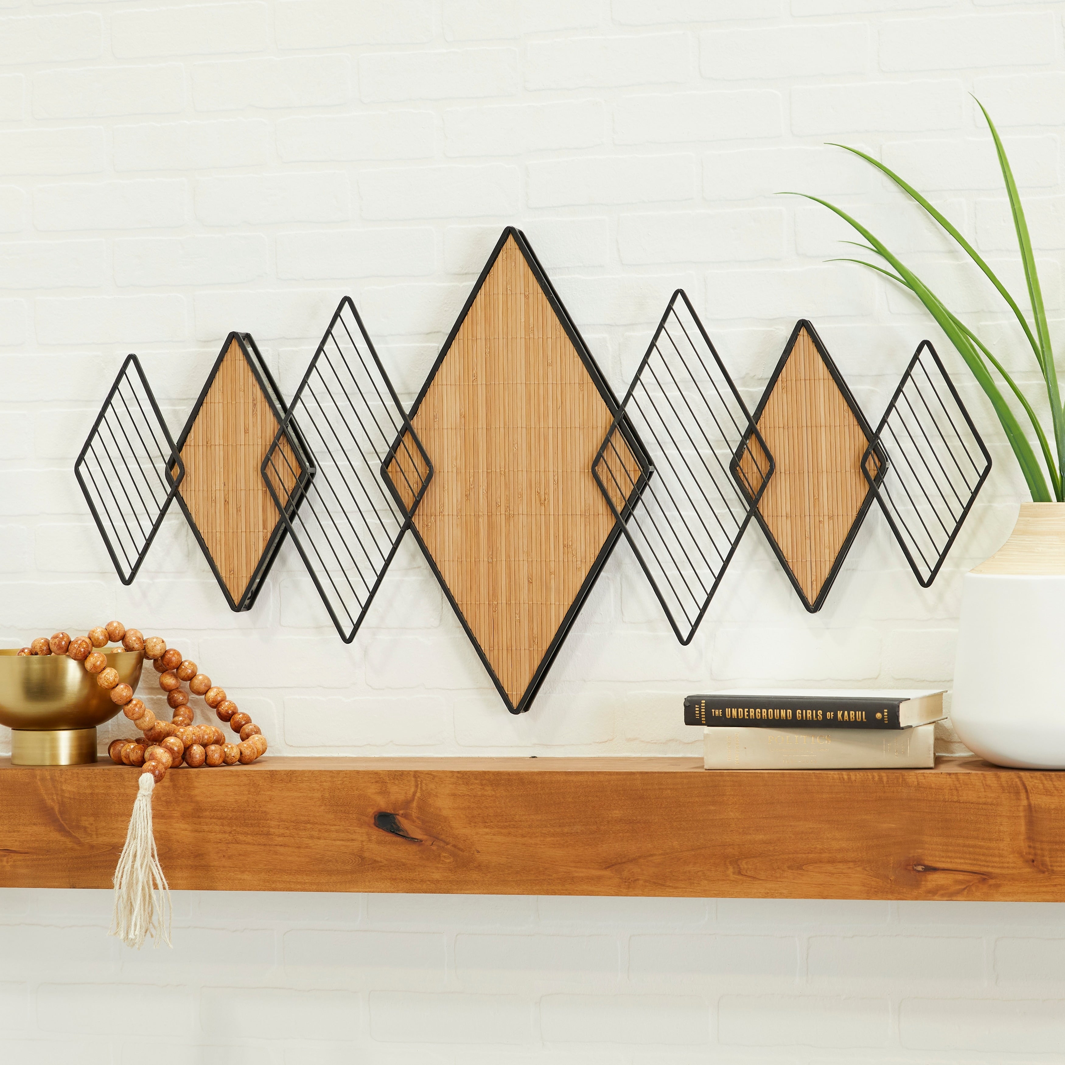 Brown Bamboo Overlapping Diamond Geometric Wall Decor with Metal Wire