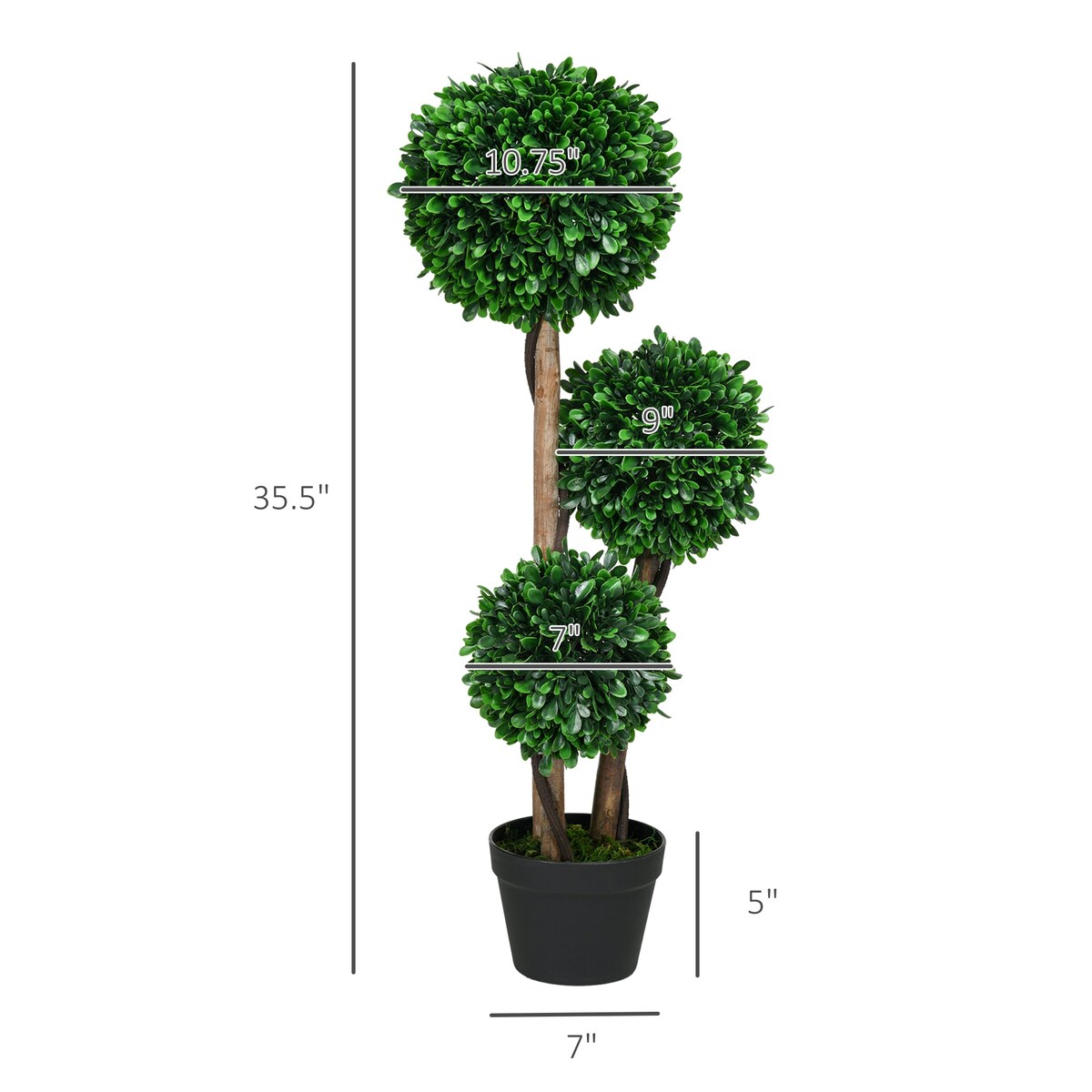 HOMCOM 3ft/35.5 Artificial 3 Ball Boxwood Topiary Tree with Pot, Indoor Outdoor Fake Plant for Home Office, Living Room Decor