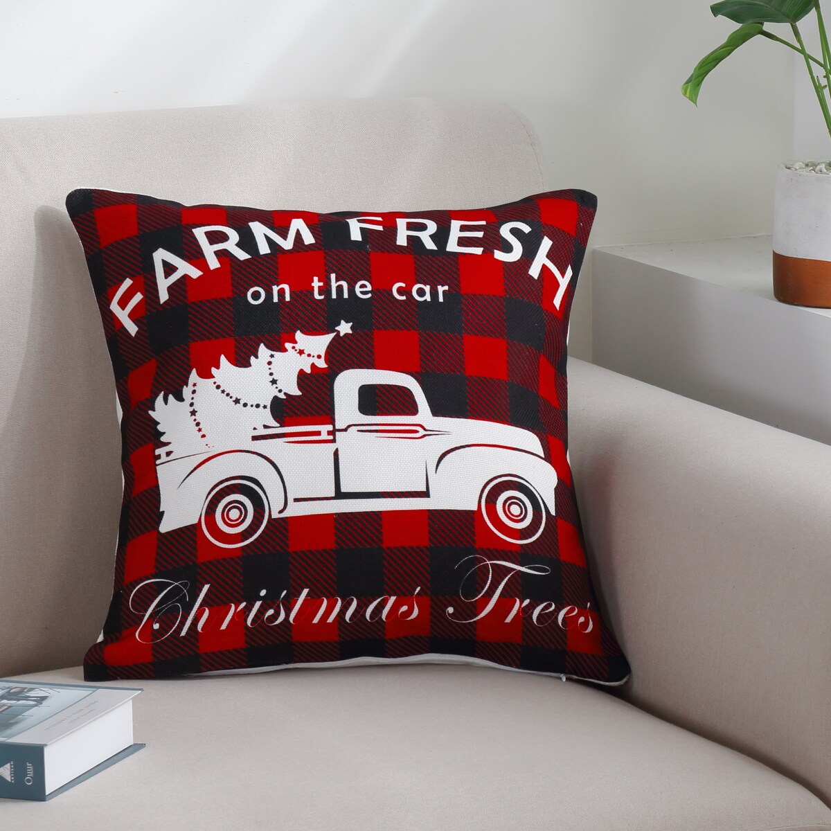 Marina Decoration Printed Christmas Cushion Cover Set Modern Decorative Throw Xmas Pack of 4 18x18 Inch, Rustic Red Black Plaid