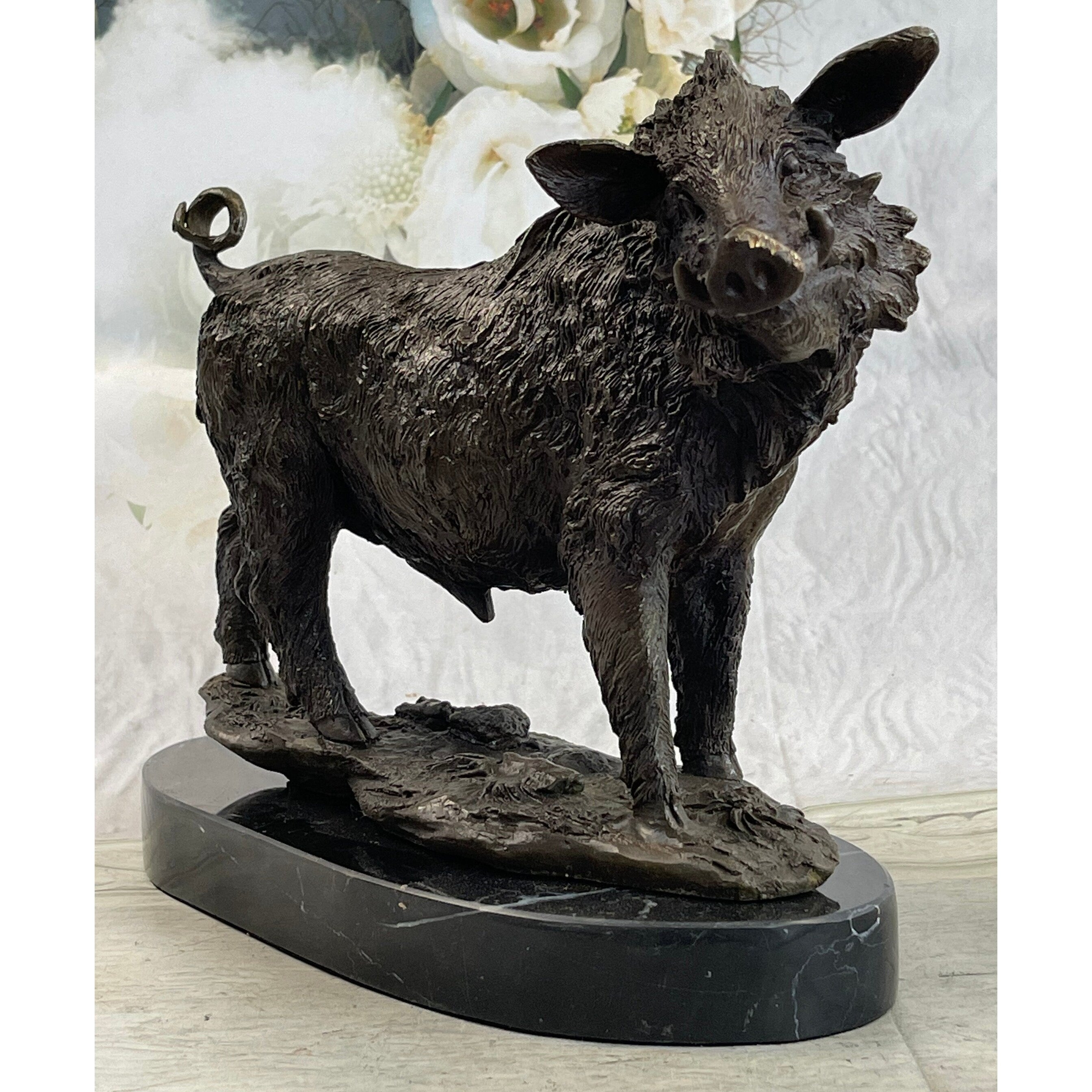 Bronze Sculpture Large Signed Barye Wild Boar Pig Art Deco Marble Figurine Decor