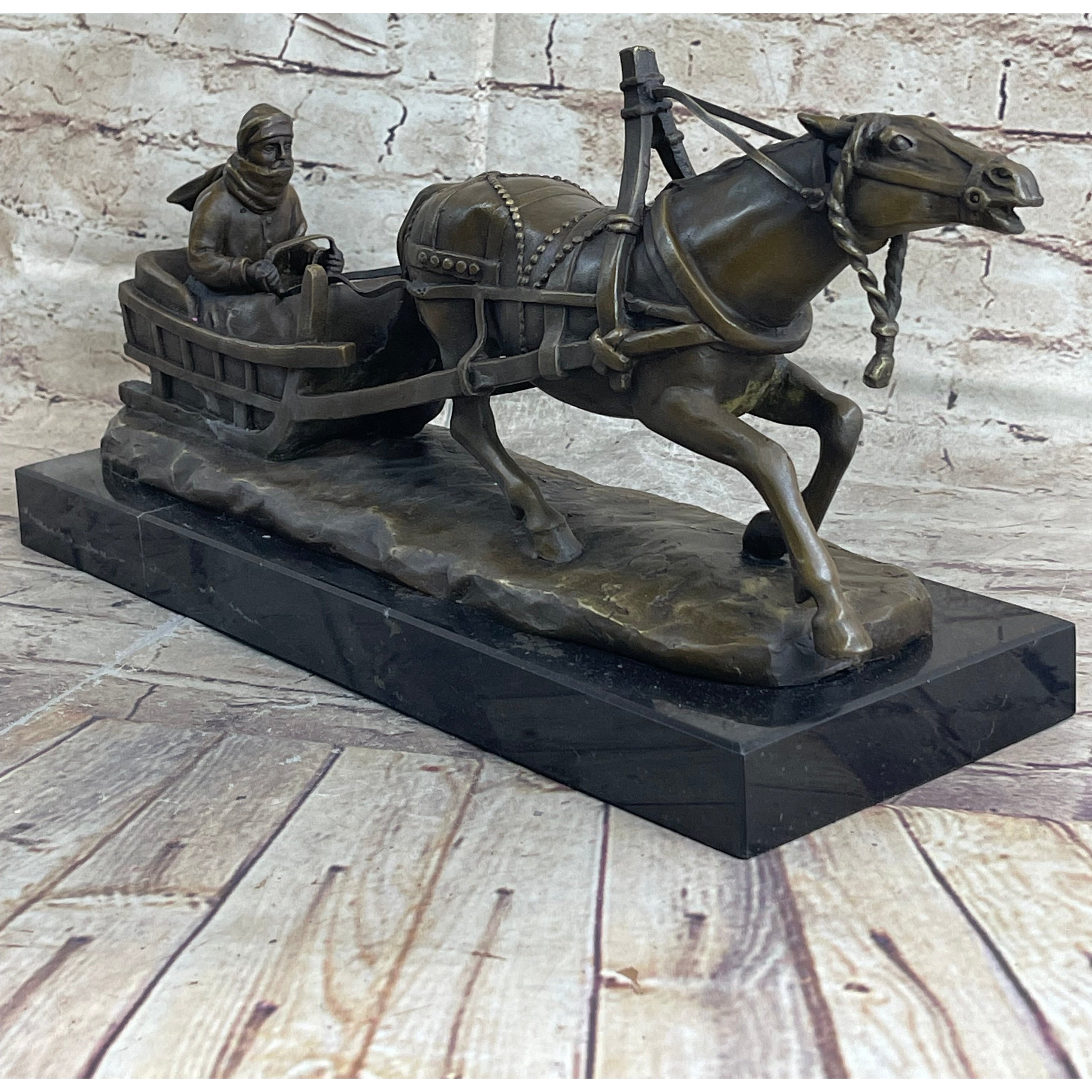 Large Russian Bronze - Man In Sleigh Pulled By Horse - Signed Friedrich Gornik