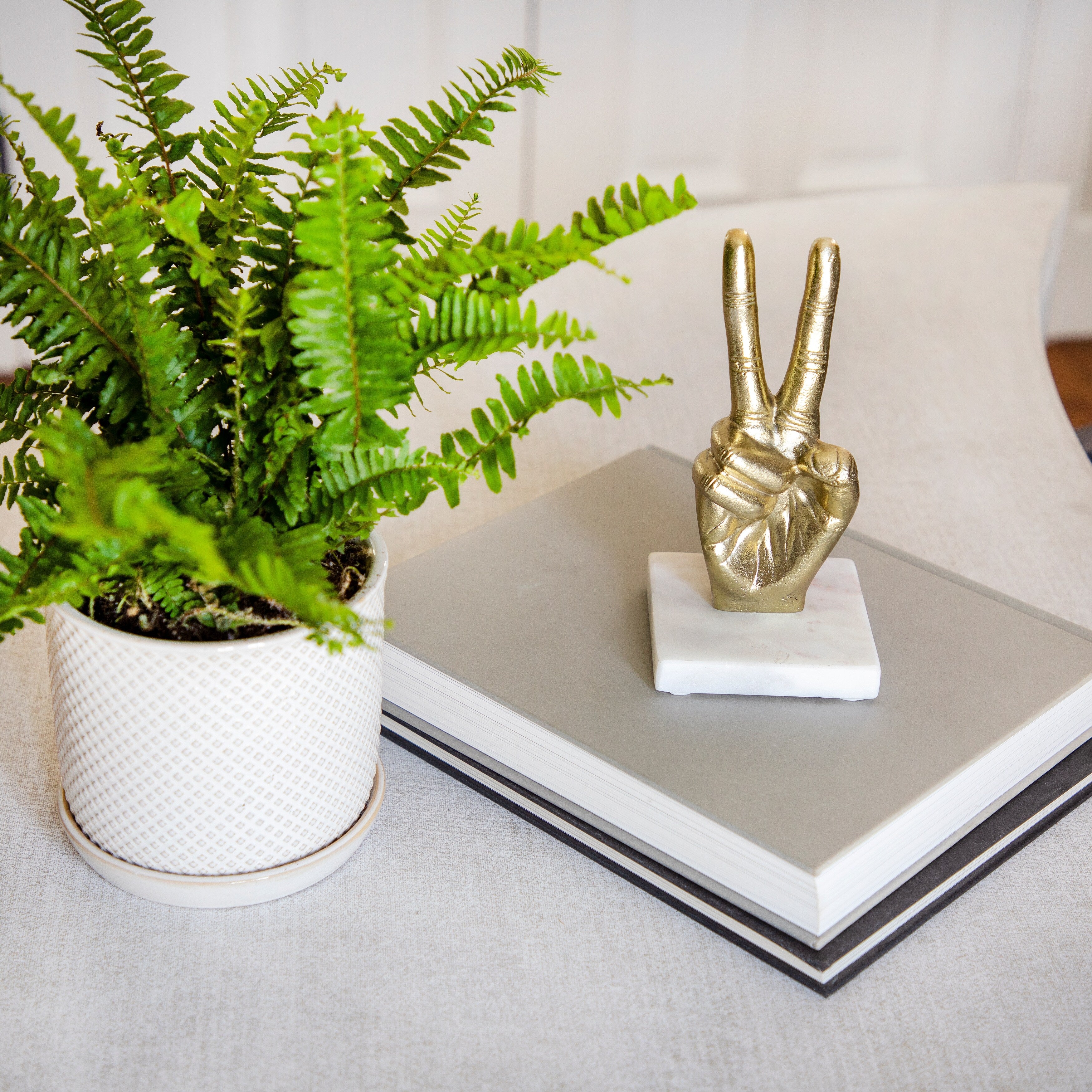 9 Metal Peace Sign Sculpture Hand Peace Sign Statue on White Marble Base Contemporary Decorative Table Accent - 4 x 4 x 8