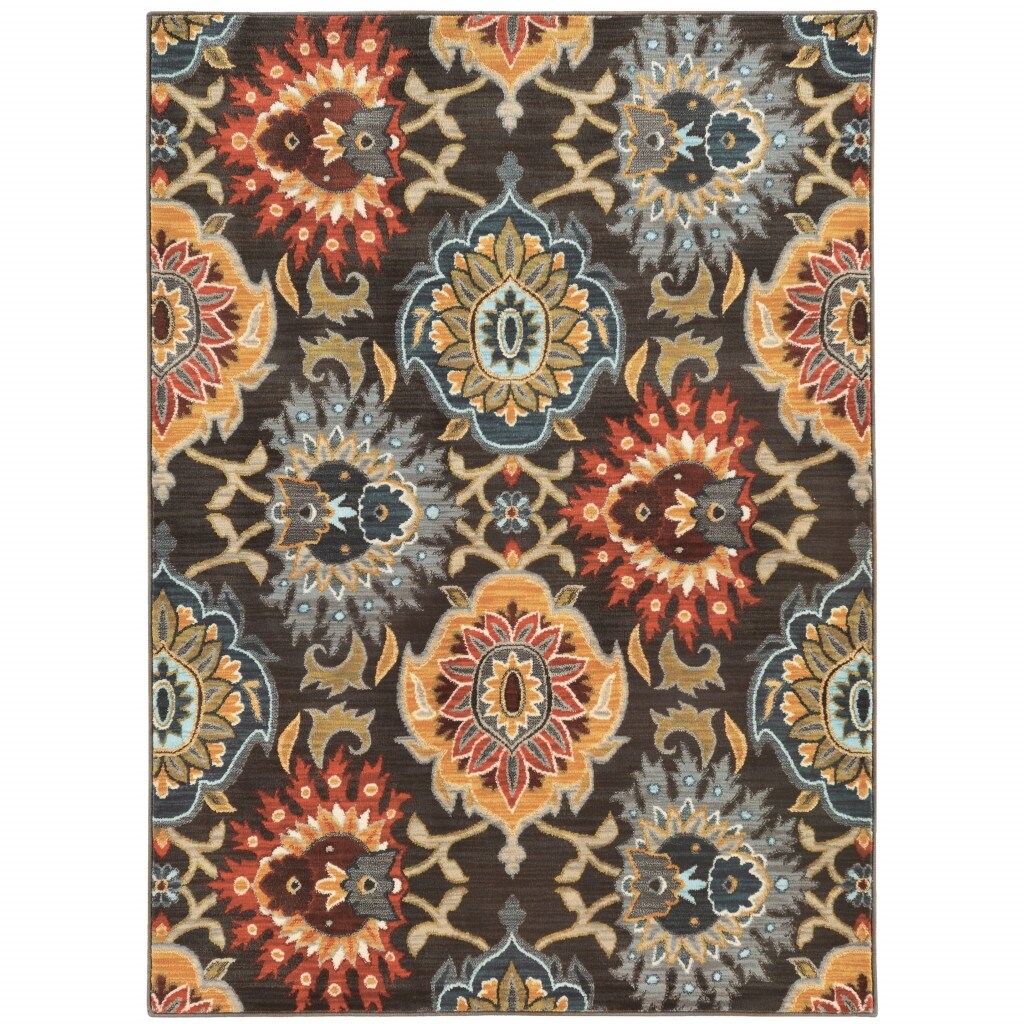 4' X 6' Brown Grey Rust Red Gold Teal And Blue Green Floral Power Loom Stain Resistant Area Rug - 3'6