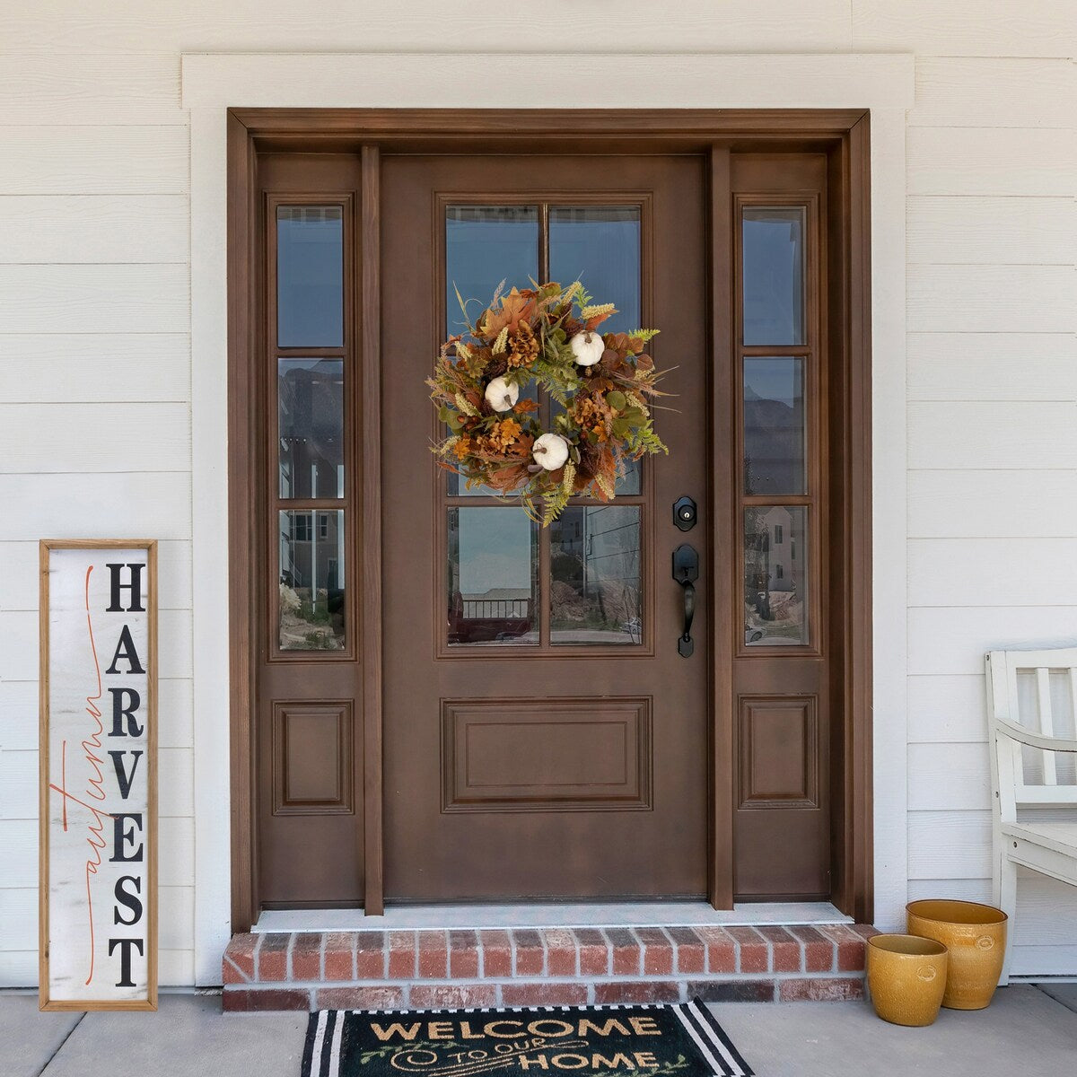 Pumpkins and Leaves Artificial Fall Harvest Wreath - 26 - Unlit