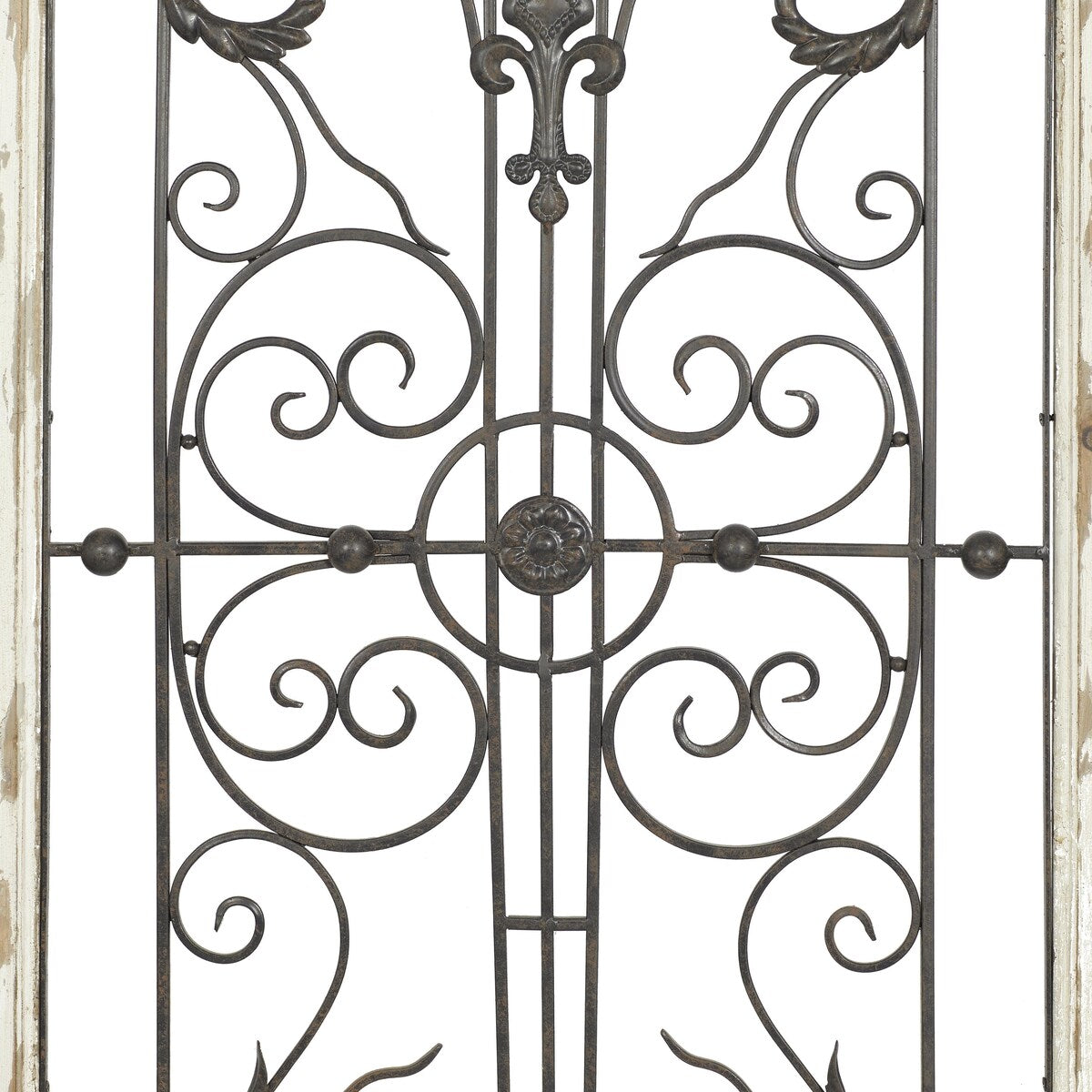 Wood Scroll Distressed Window Inspired Panel Home Wall Decor with Black Metal Fleur De Lis Relief - White - Roche River Decor