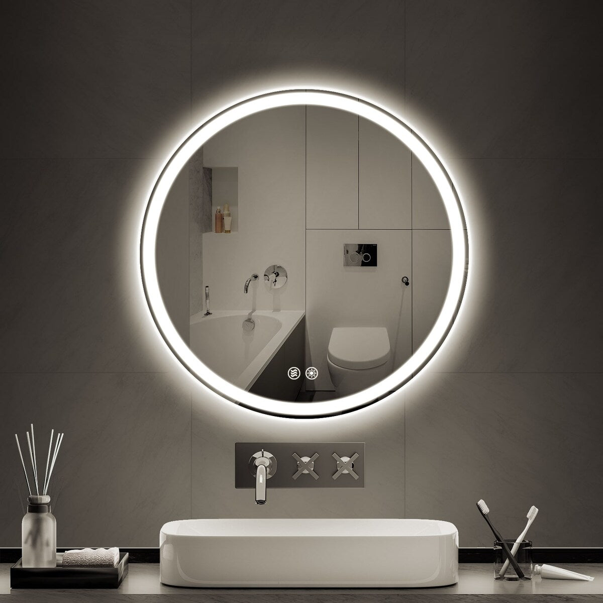 LED Lighted Dimmable Anti Fog Frameless Rounded Vanity Mirror