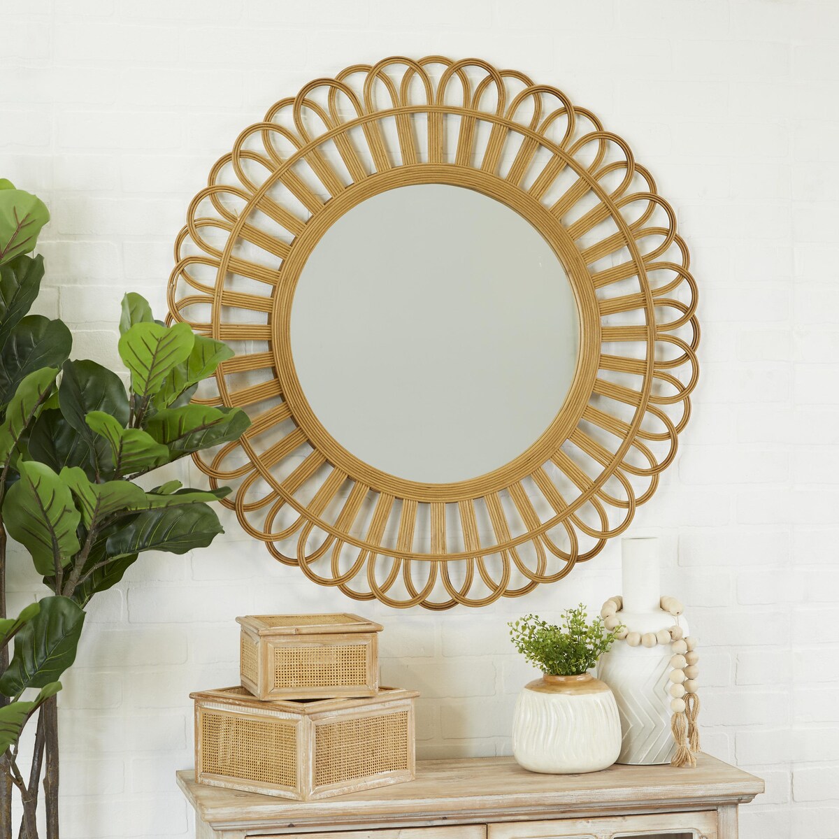 Rattan Starburst Handmade Room Wall Mirror - Brown - Roche River Decor