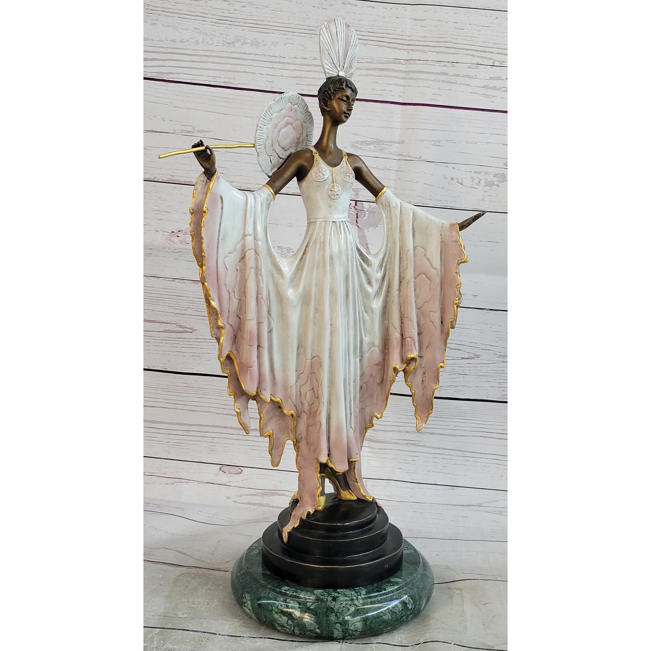 Fan Lady By Julius Erte Bronze Sculpture Green Marble Base Figurine Statue Art