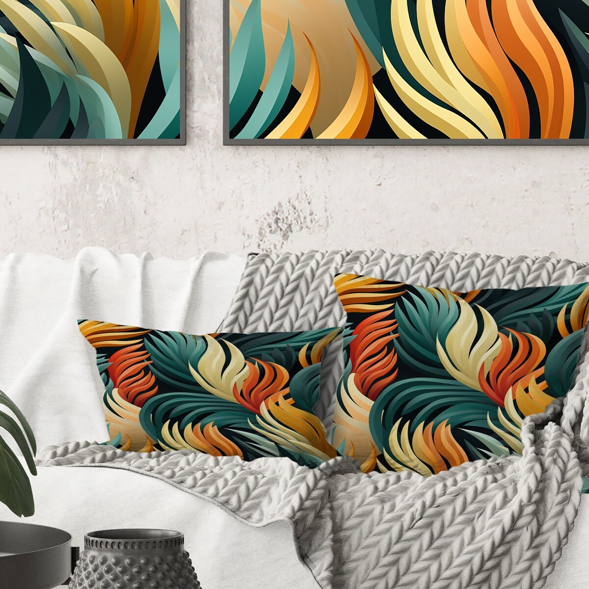 Designart Green And Orange Exotic Jungle Foliage Abstract Printed Throw Pillow