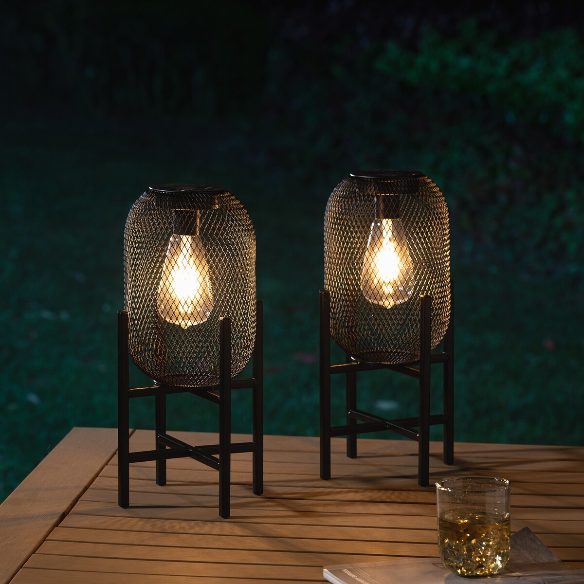 Glitzhome Set of 2 Metal Black Solar Powered Outdoor Lantern with Stand