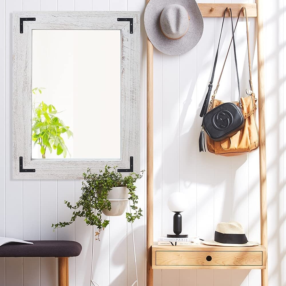 Rustic Wooden Framed Wall Mirror, Natural Wood Bathroom Vanity Mirror