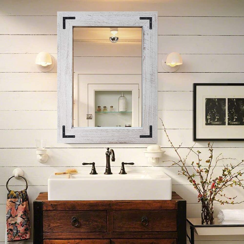 Rustic Wooden Framed Wall Mirror, Natural Wood Bathroom Vanity Mirror