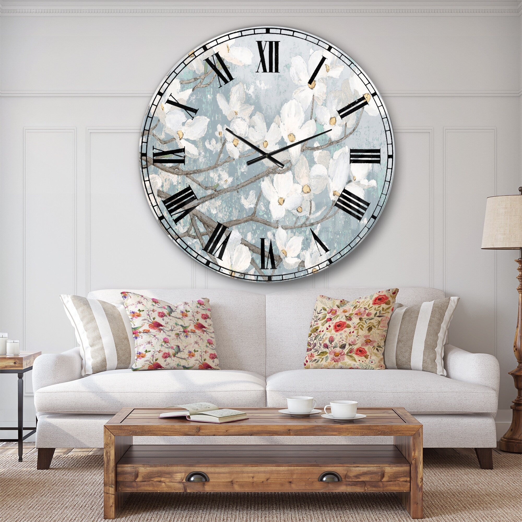 Designart 'Blue on Grey Blossoms ' Traditional Large Wall CLock