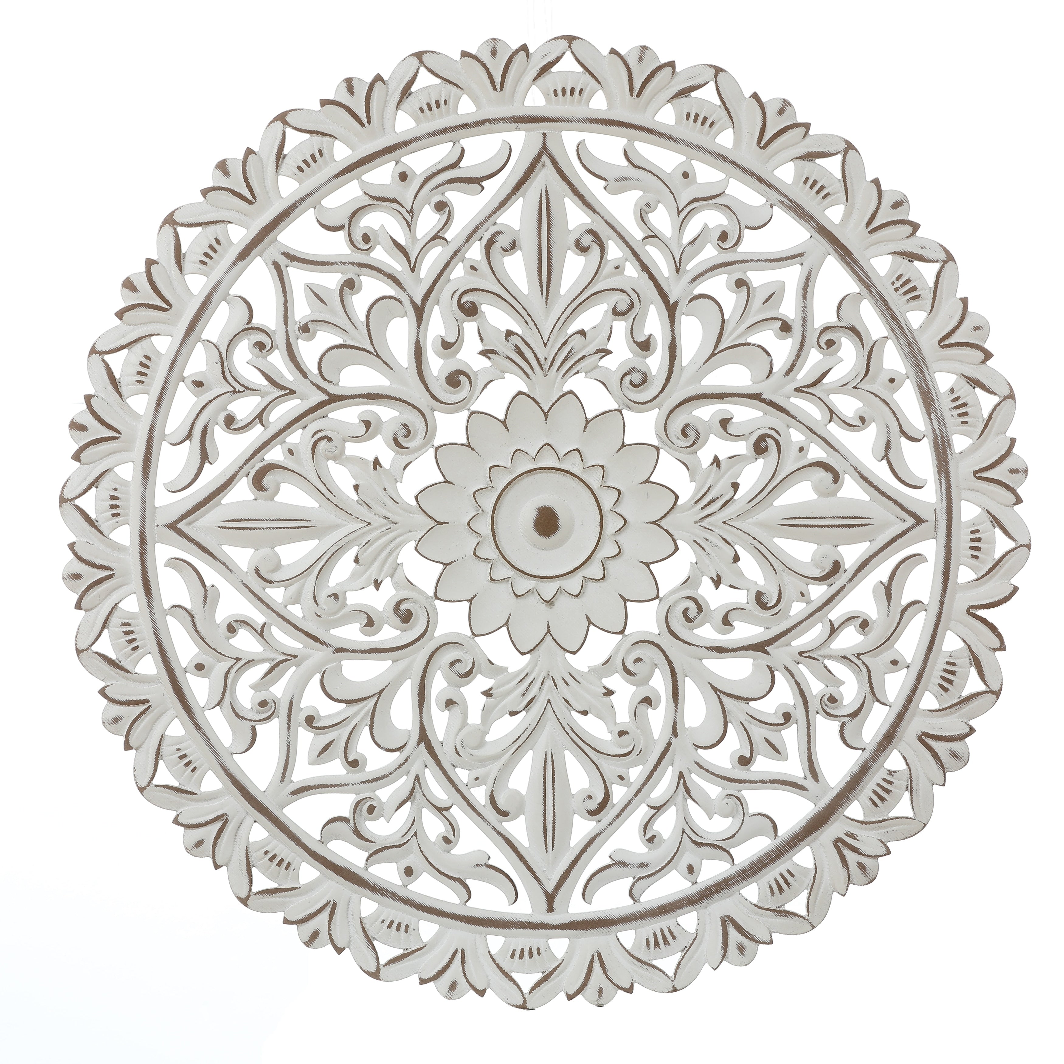 Distressed White Wood Flower Mandala 31.5 Round Wall Decor