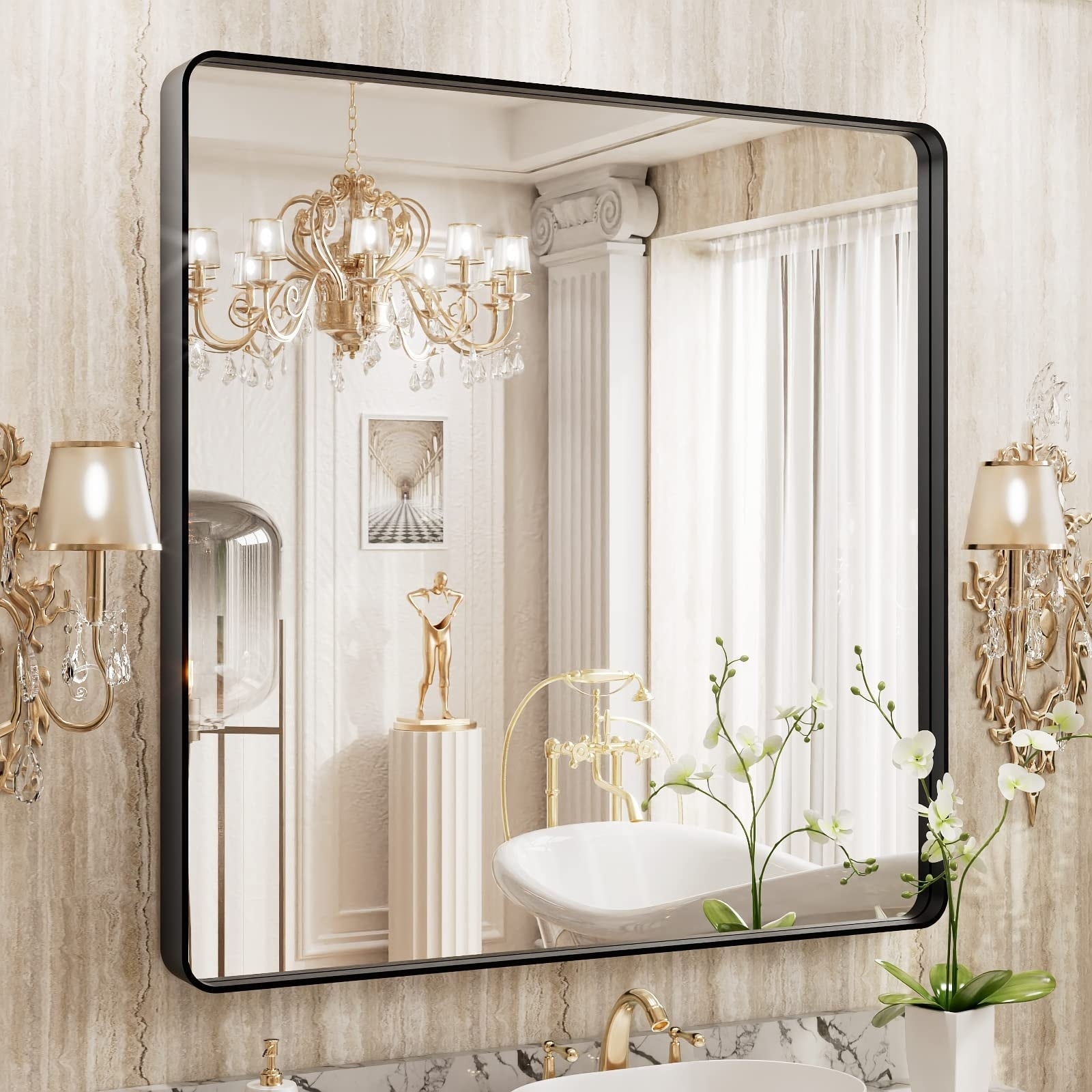 Apmir Metal Frame Tempered Glass Bathroom Vanity Mirror for Wall, Cloakroom, Bedroom