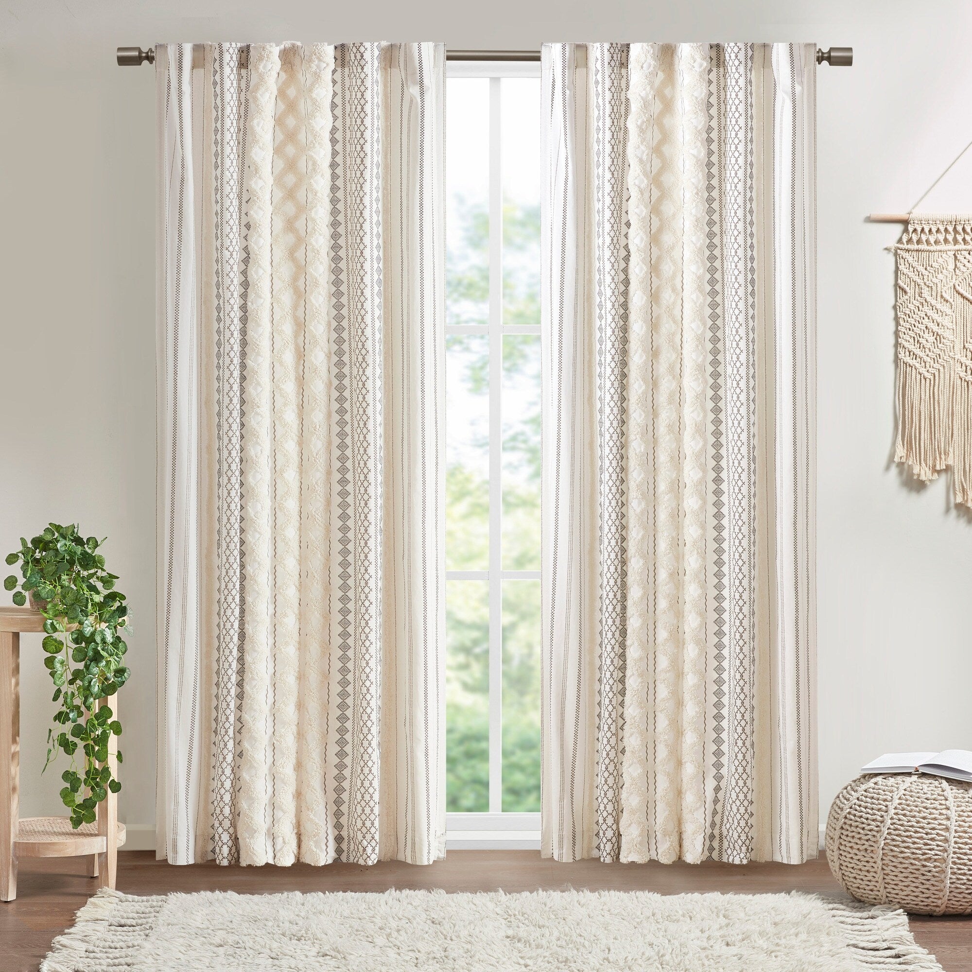 INK+IVY Imani Cotton Printed Curtain Panel with Chenille Stripe and Lining