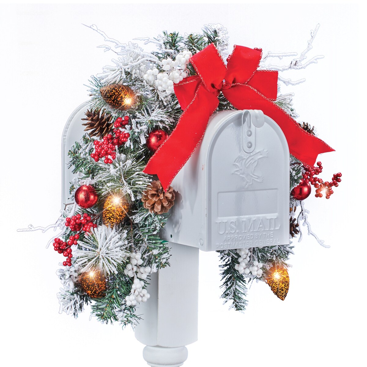 Frosted Pine Holiday Mailbox Swag with Solar LED Lights - 15.500 x 6.250 x 6.250