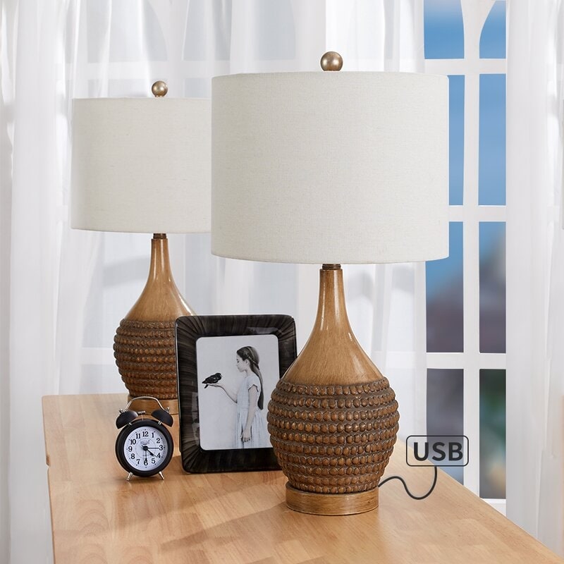 24.75 Brown Table Lamp Set with USB (Set of 2)