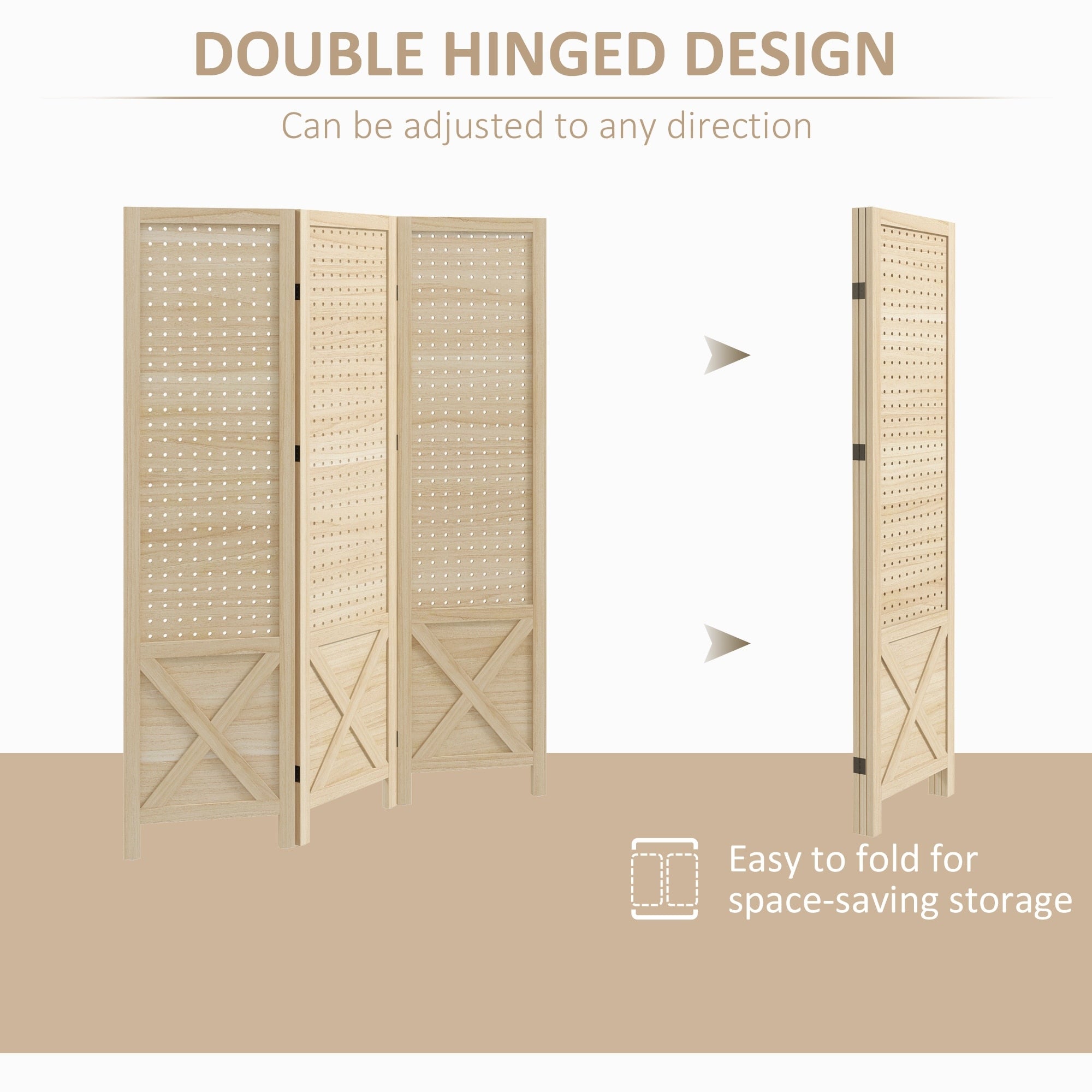 HOMCOM 3 Panel Pegboard Display Room Divider, 4.5' Tall Wood Indoor Portable Folding Privacy Screen