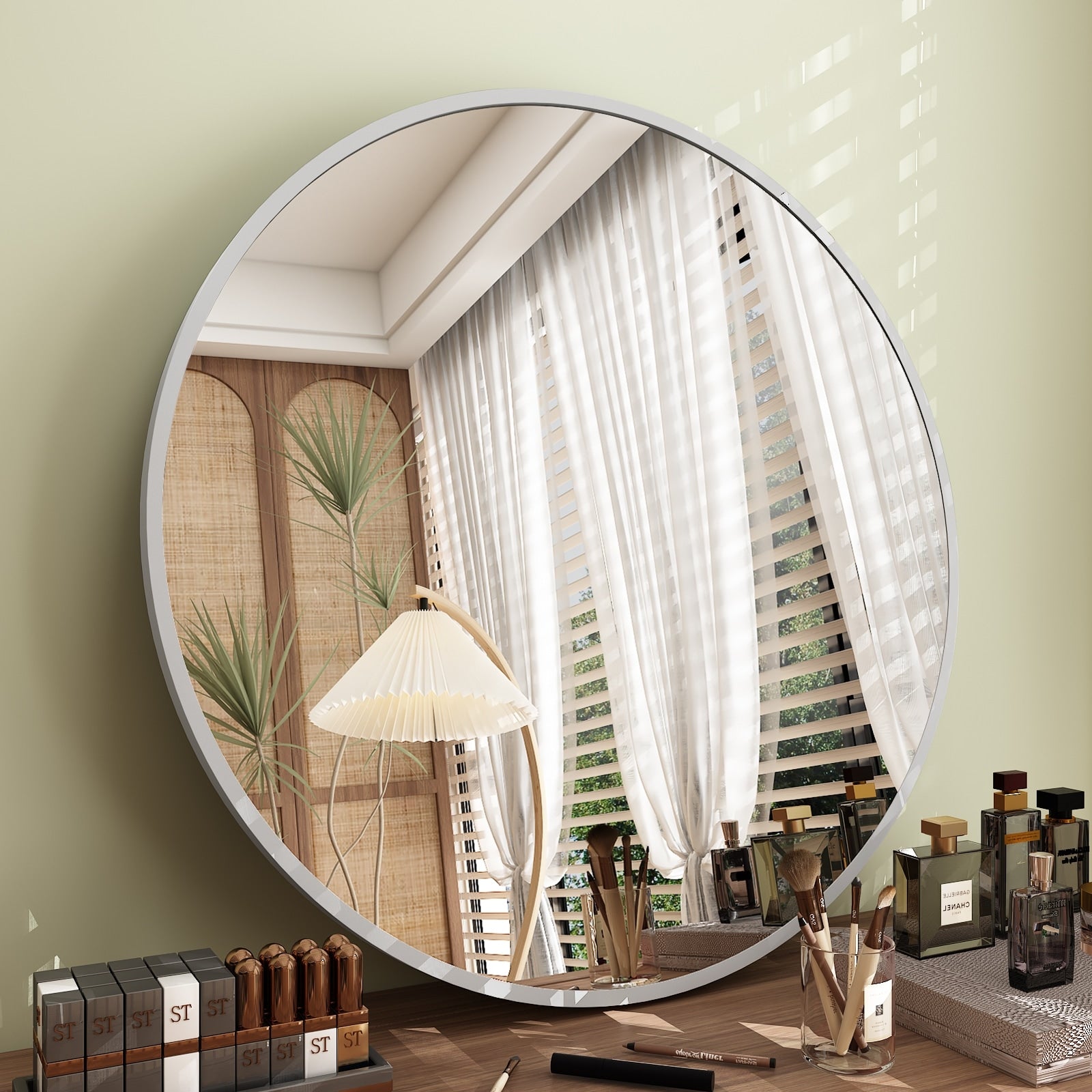 Full Size Round Bathroom Vanity Wall Mirror with Metal Frame