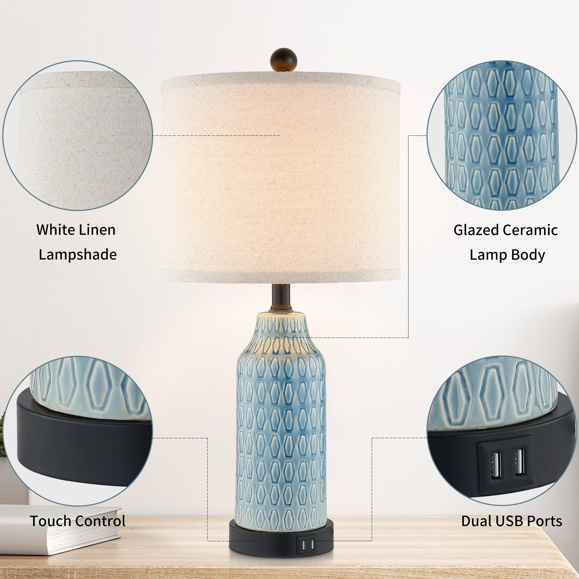 Blue Ceramic Table Lamp with 3-way Touch Dimming Switch & Dual USB Charging Ports (Set of 2) - 11'' x 11'' x 23'' (L x W x H)