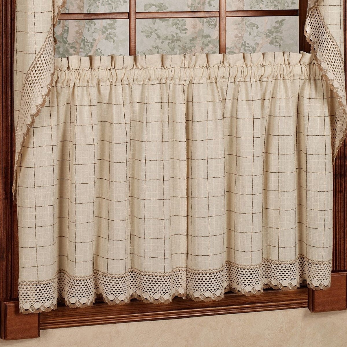 Cotton Classic Toast Window Pane Pattern and Crotchet Trim Tiers, Swags and Valance Options