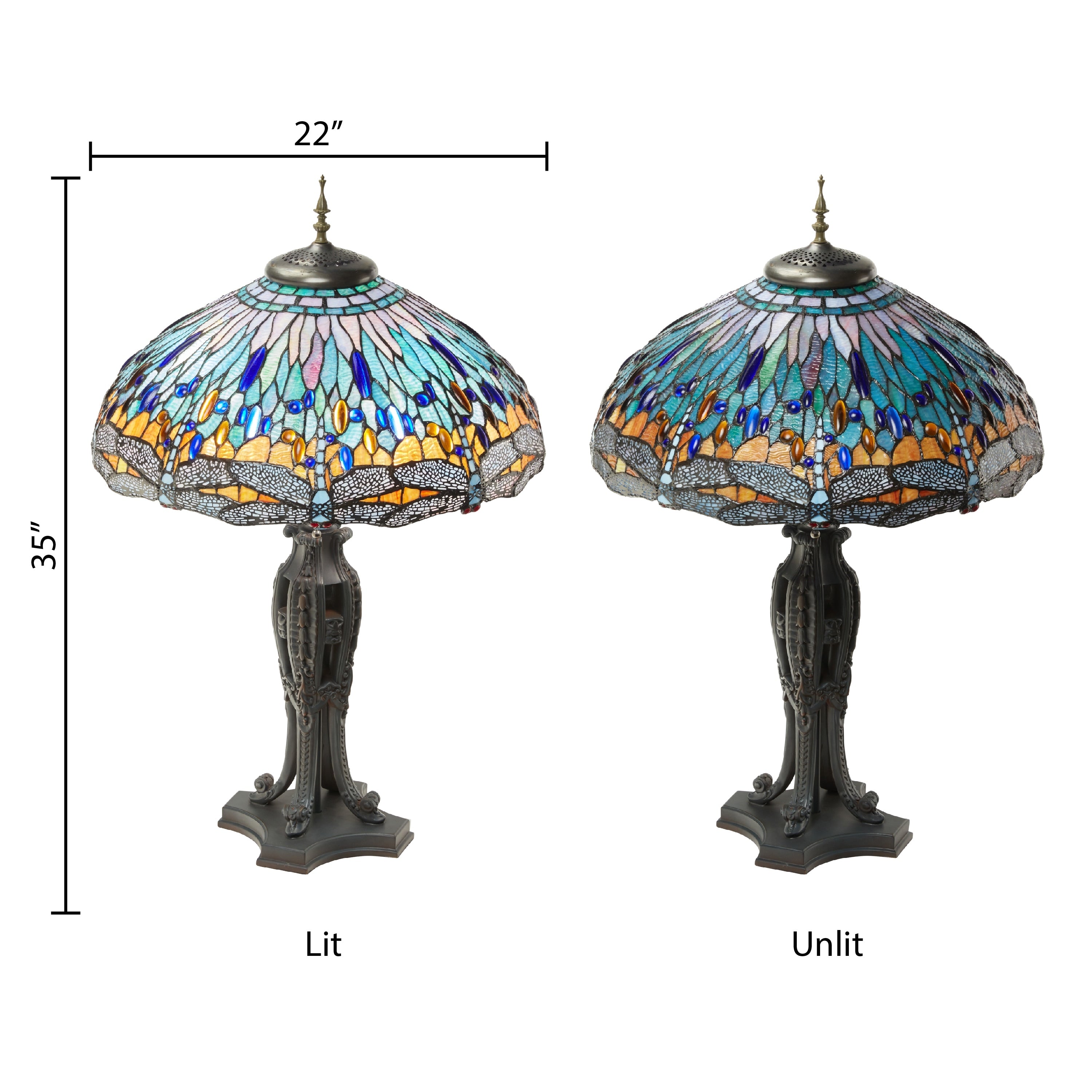 Multi Dragonflies River of Goods Tiffany-Style Multicolored Stained Glass 35-Inch Table Lamp - 22 x 22 x 35