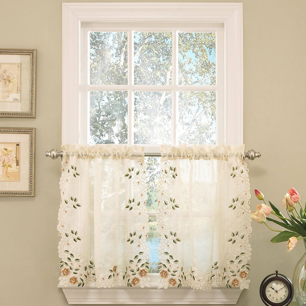 Old World Floral Embroidered Sheer Kitchen Curtain Parts- Tiers, Swags and Valances