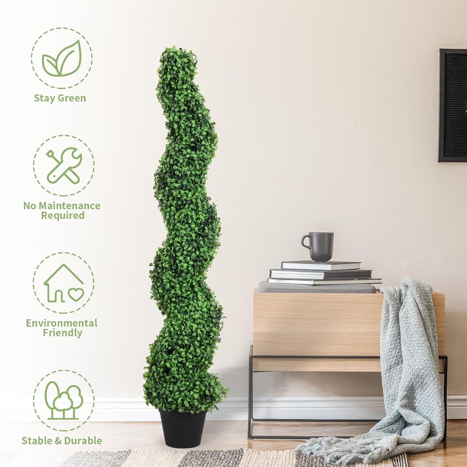 Artificial Green Boxwood Spiral Topiary Tree in Pot for Indoor and Outdoor Set of 2