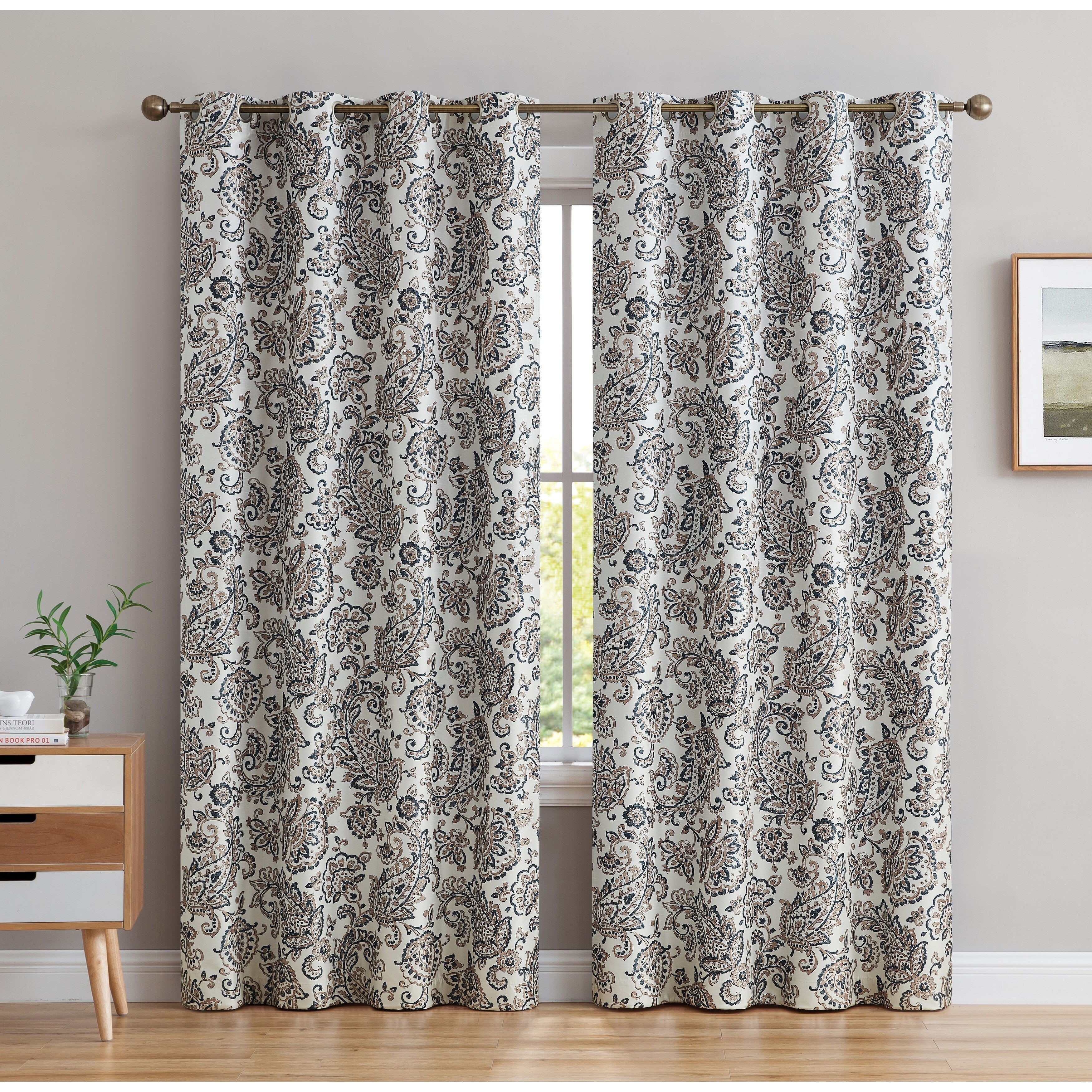 HLC.me Amalfi Paisley Faux Silk 100% Blackout Room Darkening Thermal Energy Efficient Curtain Grommet Panels, 2 Panels