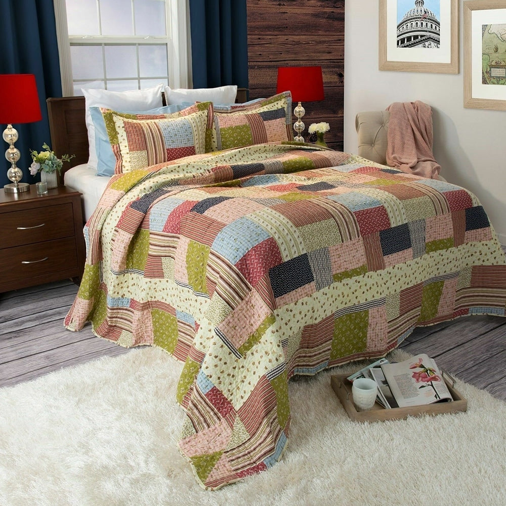 Colorful Patchwork Quilted Blanket Sham Farmhouse Country King