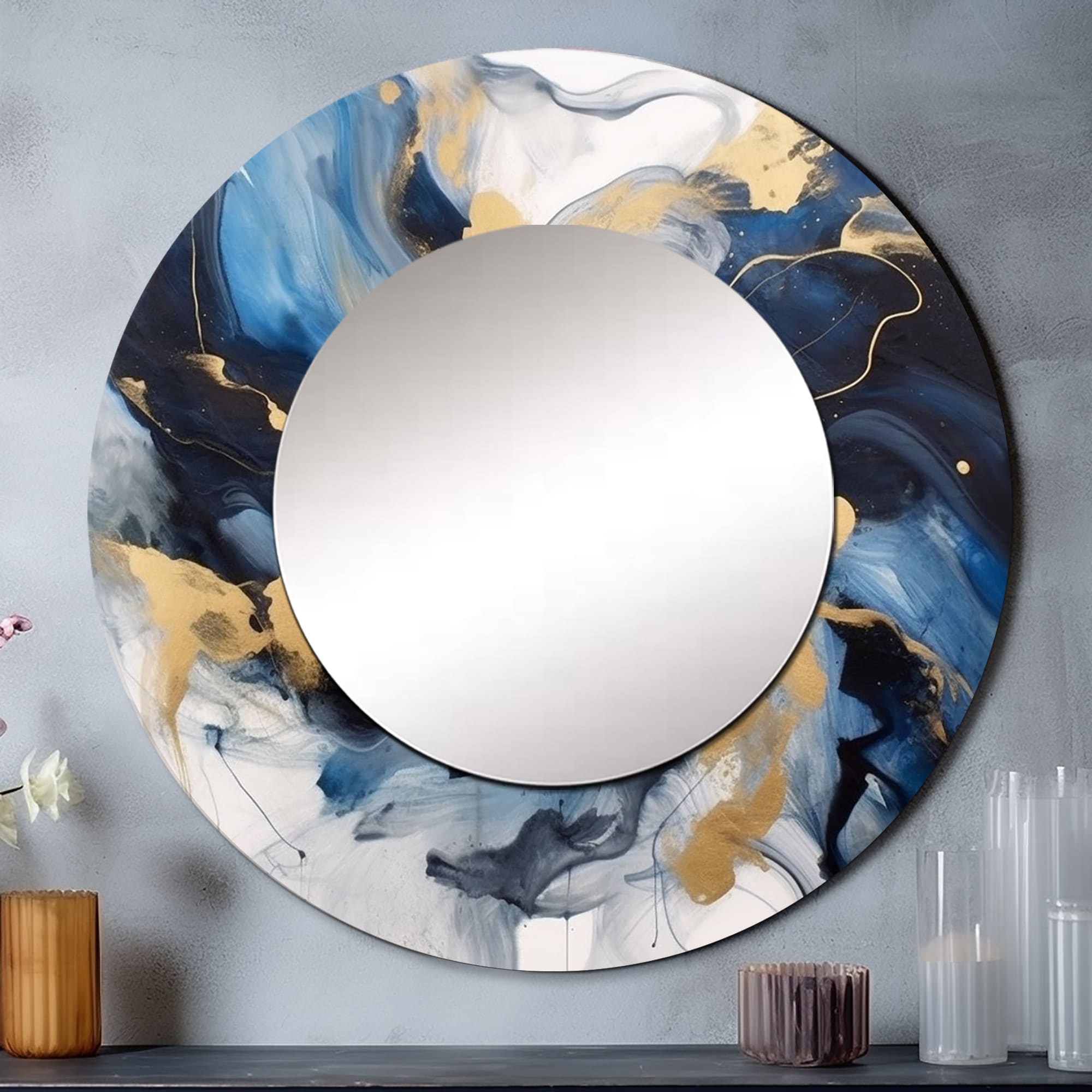 Designart Dark Blue and Gold Strokes XII Fractals Large Round Mirror - Modern Blue Round Bathroom Mirror