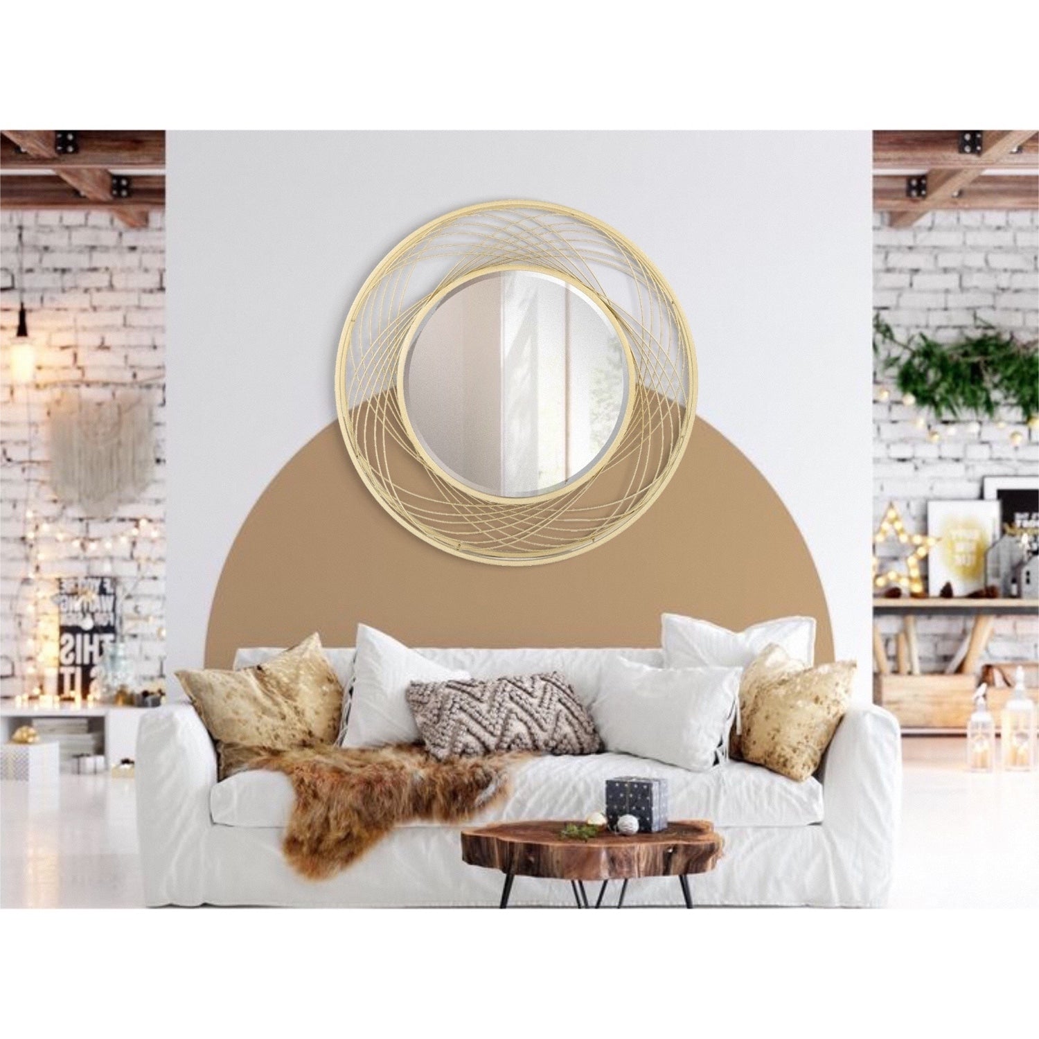 MacLuu Gold Art Round Mirror with Metal Wire Frame - 27.56 W x 27.56 H x 2.76 D