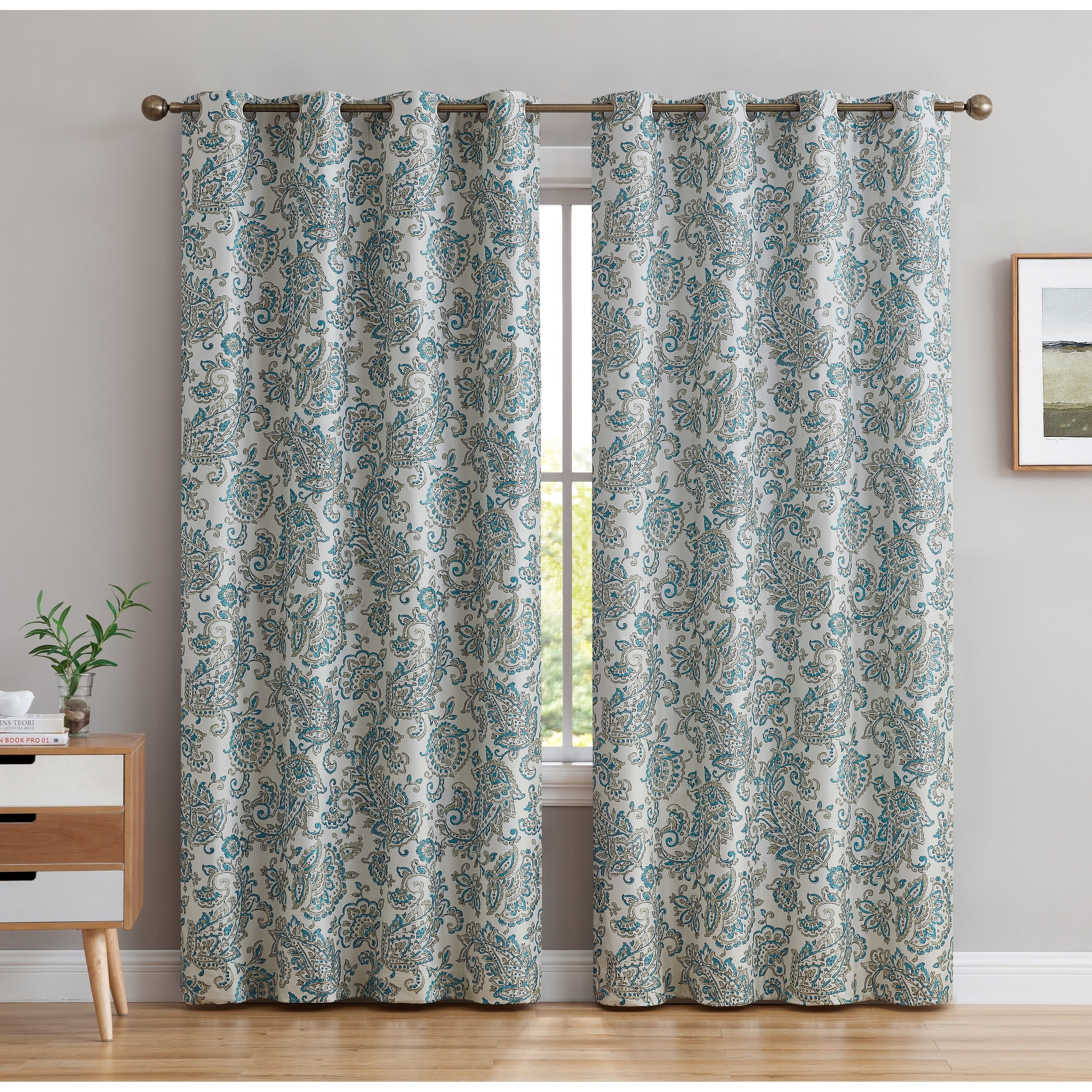 HLC.me Amalfi Paisley Faux Silk 100% Blackout Room Darkening Thermal Energy Efficient Curtain Grommet Panels, 2 Panels