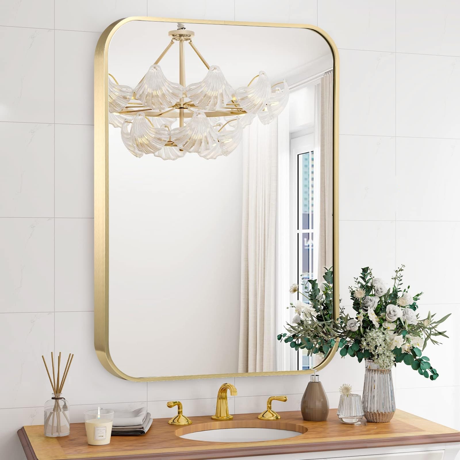 Apmir Metal Frame Tempered Glass Bathroom Vanity Mirror for Wall, Cloakroom, Bedroom