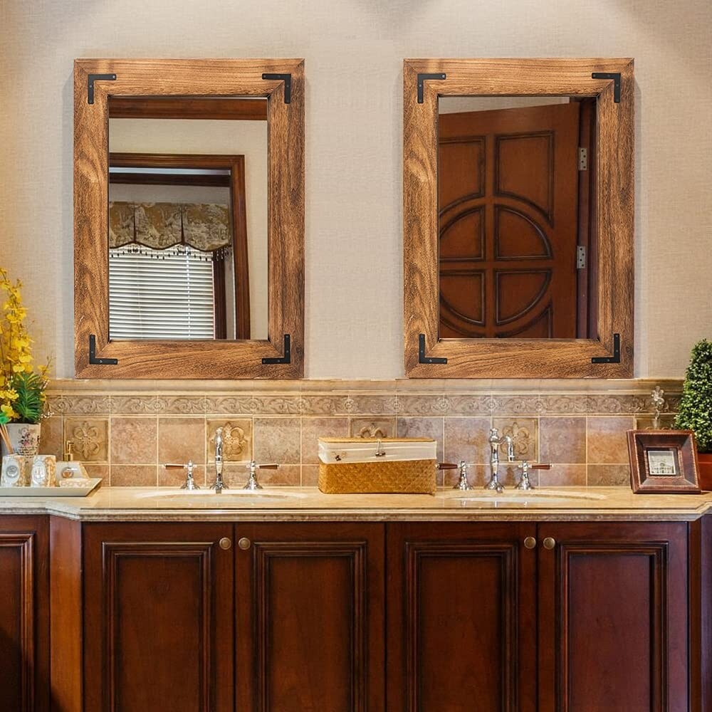 Rustic Wooden Framed Wall Mirror, Natural Wood Bathroom Vanity Mirror