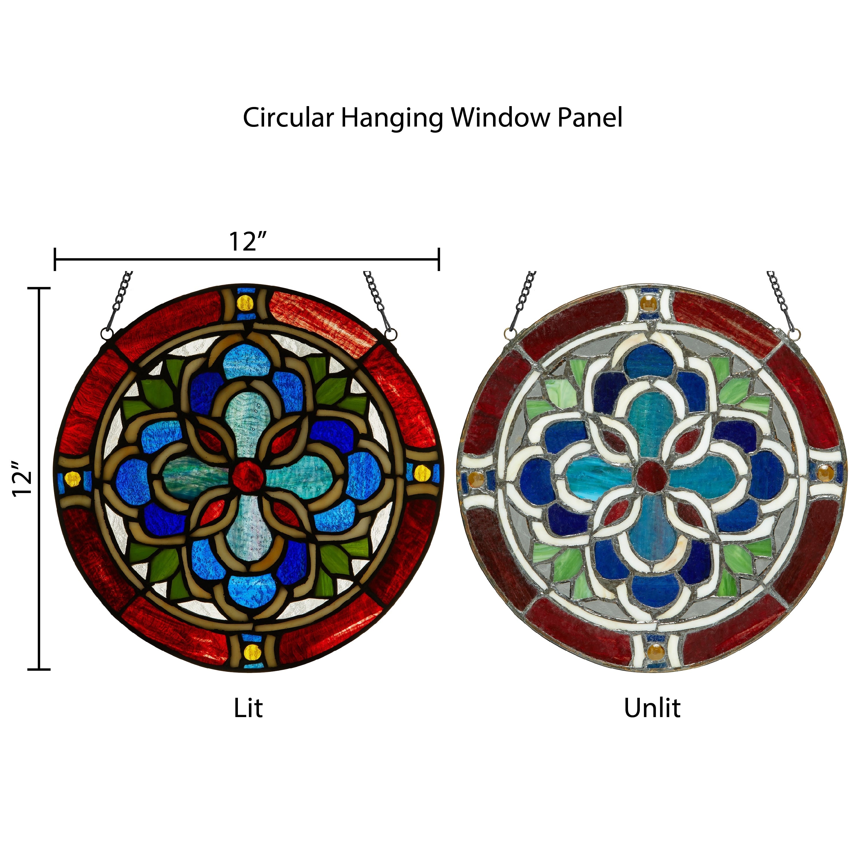 Geometric River of Goods Blue and Red Tiffany-Style Stained Glass Round Window Panel - 12 x 0.25 x 12