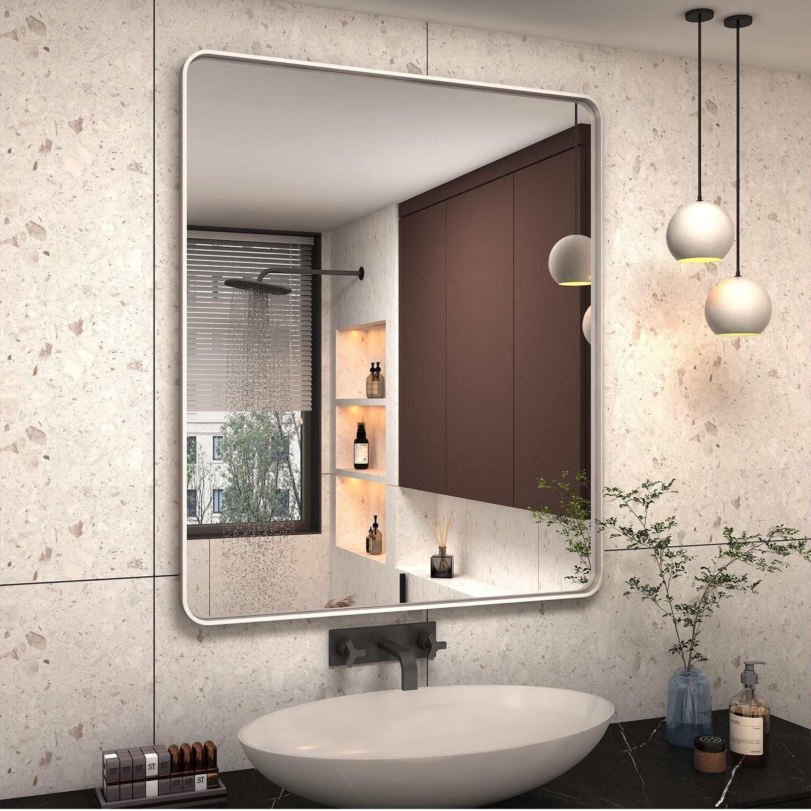 Apmir Metal Frame Tempered Glass Bathroom Vanity Mirror for Wall, Cloakroom, Bedroom