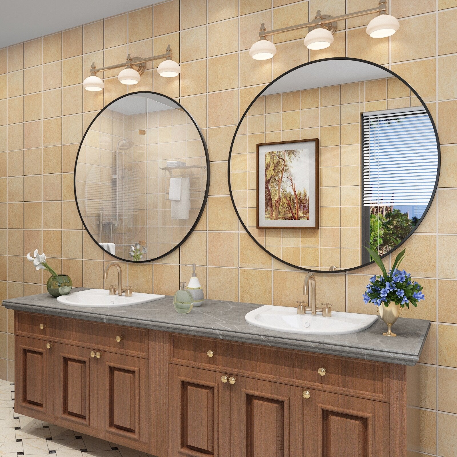 Full Size Round Bathroom Vanity Wall Mirror with Metal Frame