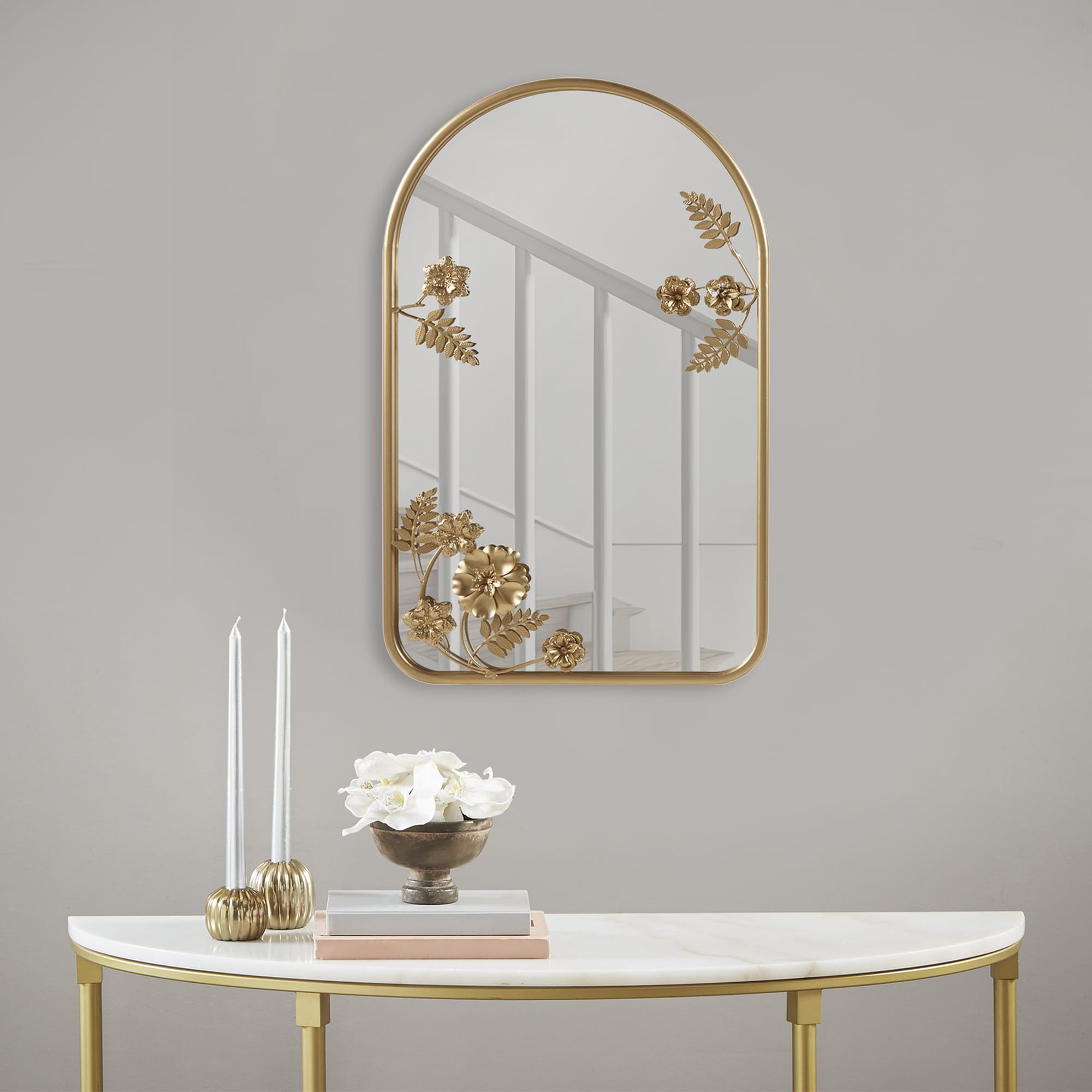 Madison Park Adaline Gold Arched Metal Floral Wall Mirror