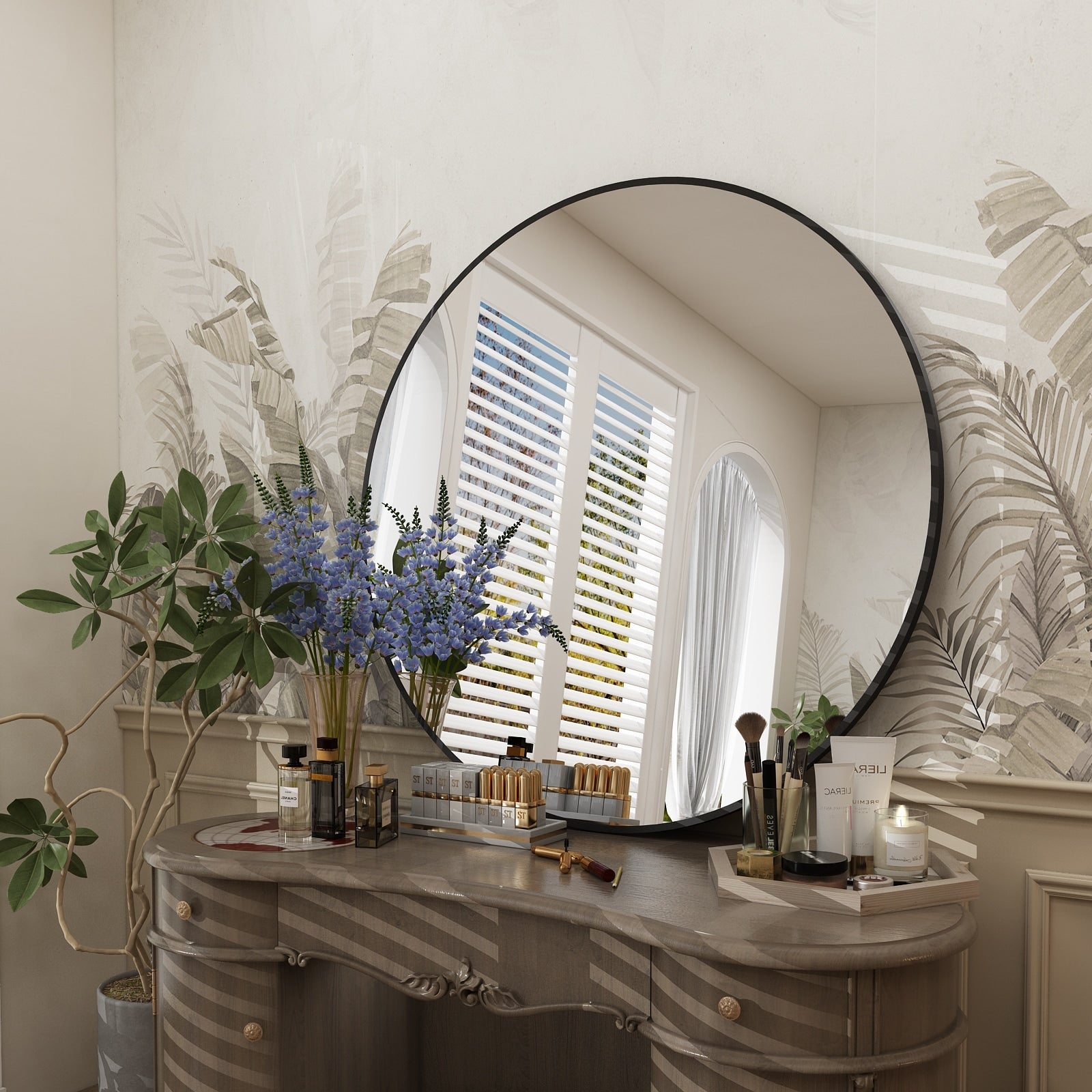 Full Size Round Bathroom Vanity Wall Mirror with Metal Frame