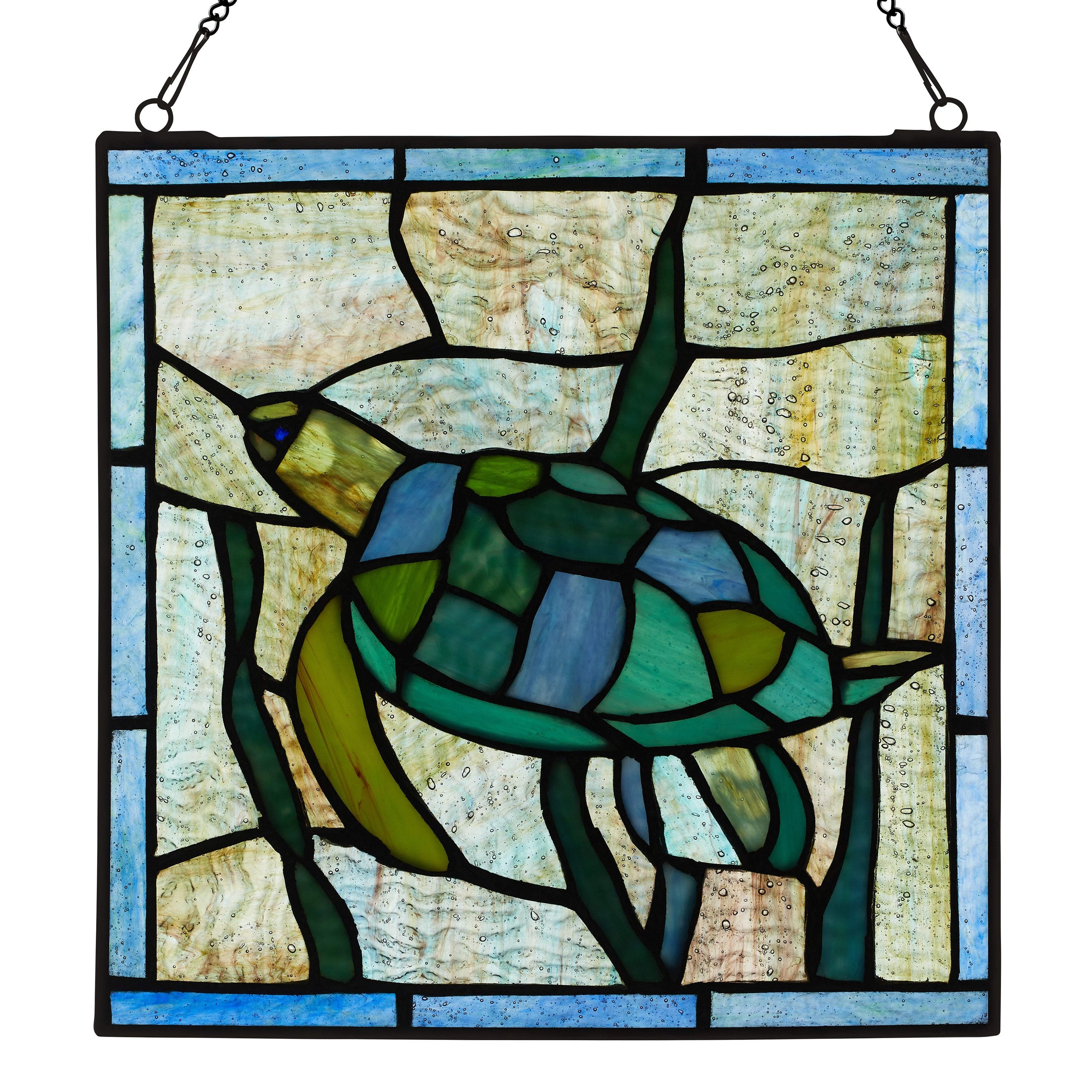 River of Goods Serene Sea Turtle River of Goods Blue, Green and Teal Stained Glass Window Panel - 10 x 0.25 x 10.5