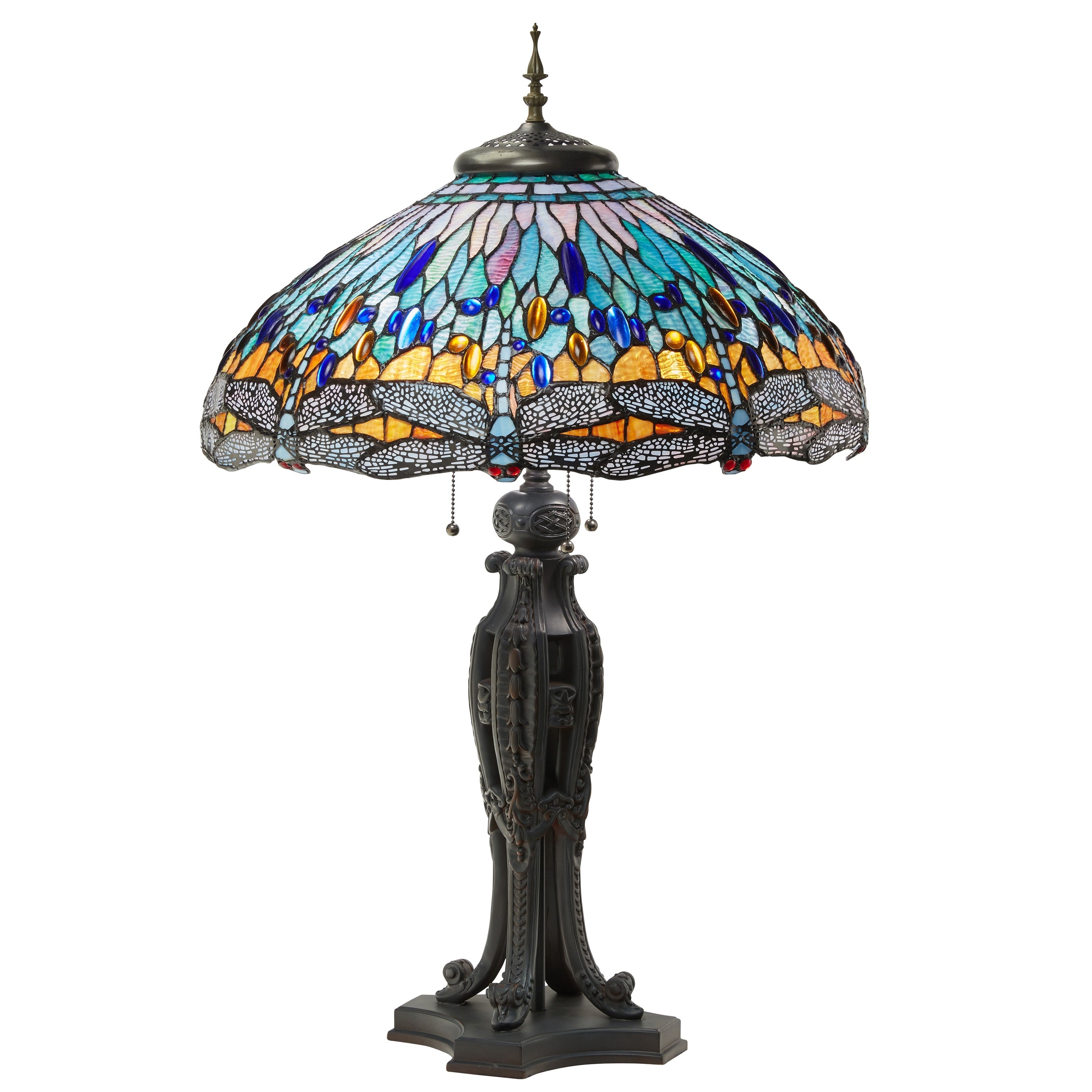 Multi Dragonflies River of Goods Tiffany-Style Multicolored Stained Glass 35-Inch Table Lamp - 22 x 22 x 35