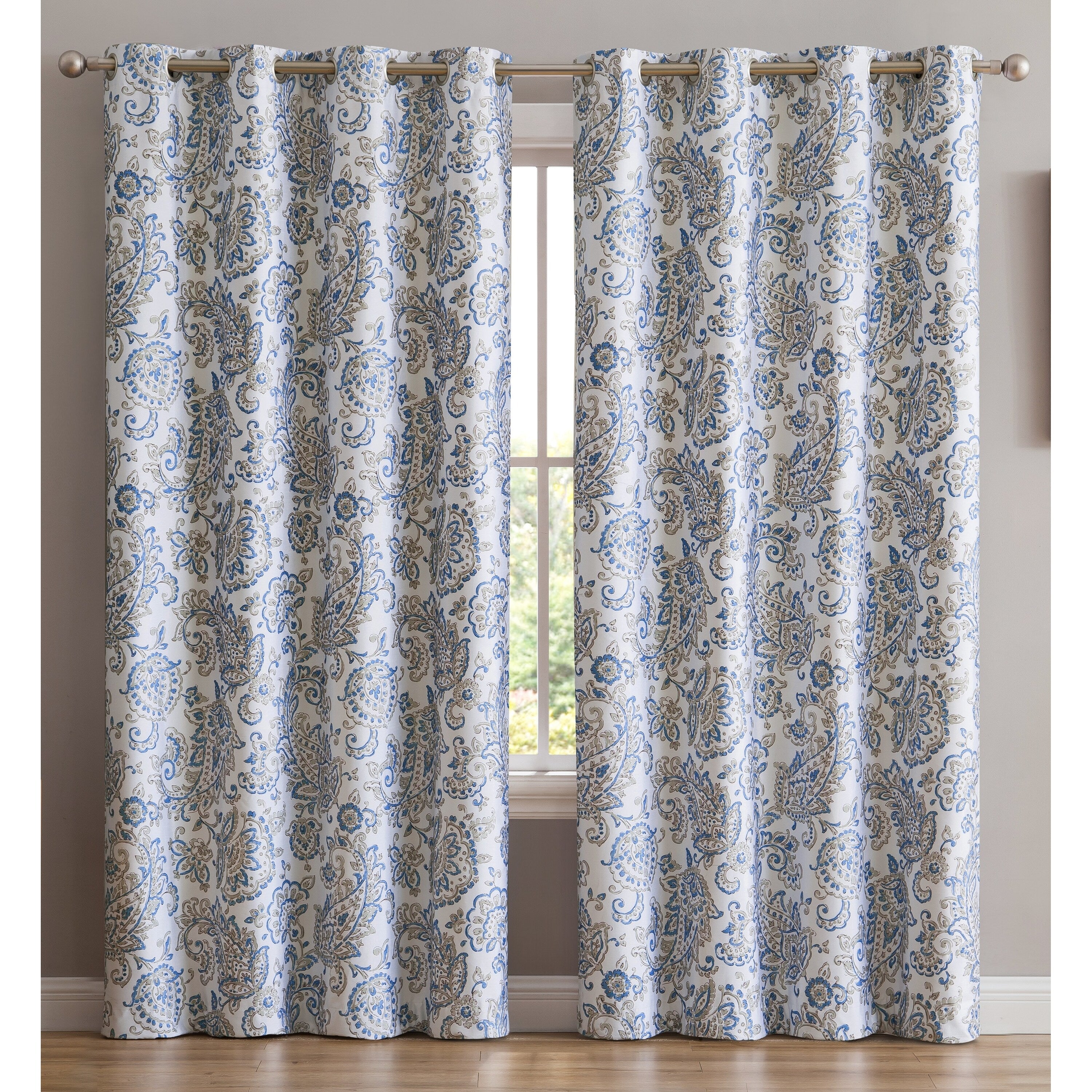 HLC.me Amalfi Paisley Faux Silk 100% Blackout Room Darkening Thermal Energy Efficient Curtain Grommet Panels, 2 Panels