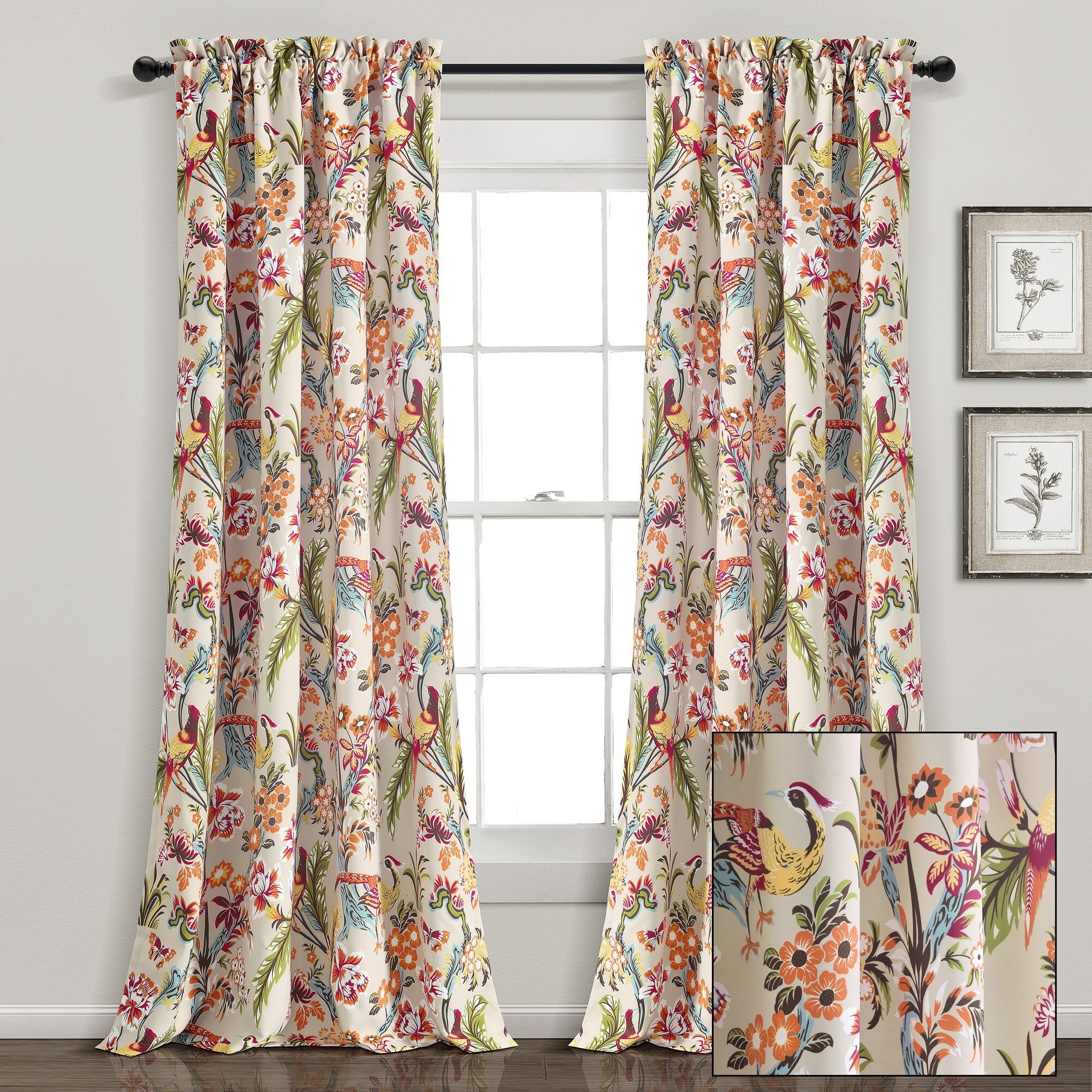 Lush Decor Dolores Light Filtering Floral Bird Print Curtain Pair Panels