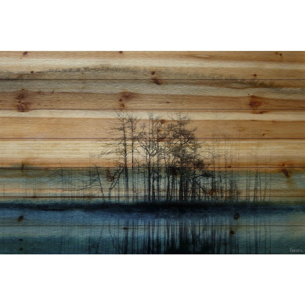 Parvez Taj - 'Tree Isle Reflects' Painting Print on Natural Pine Wood - Multi-Color