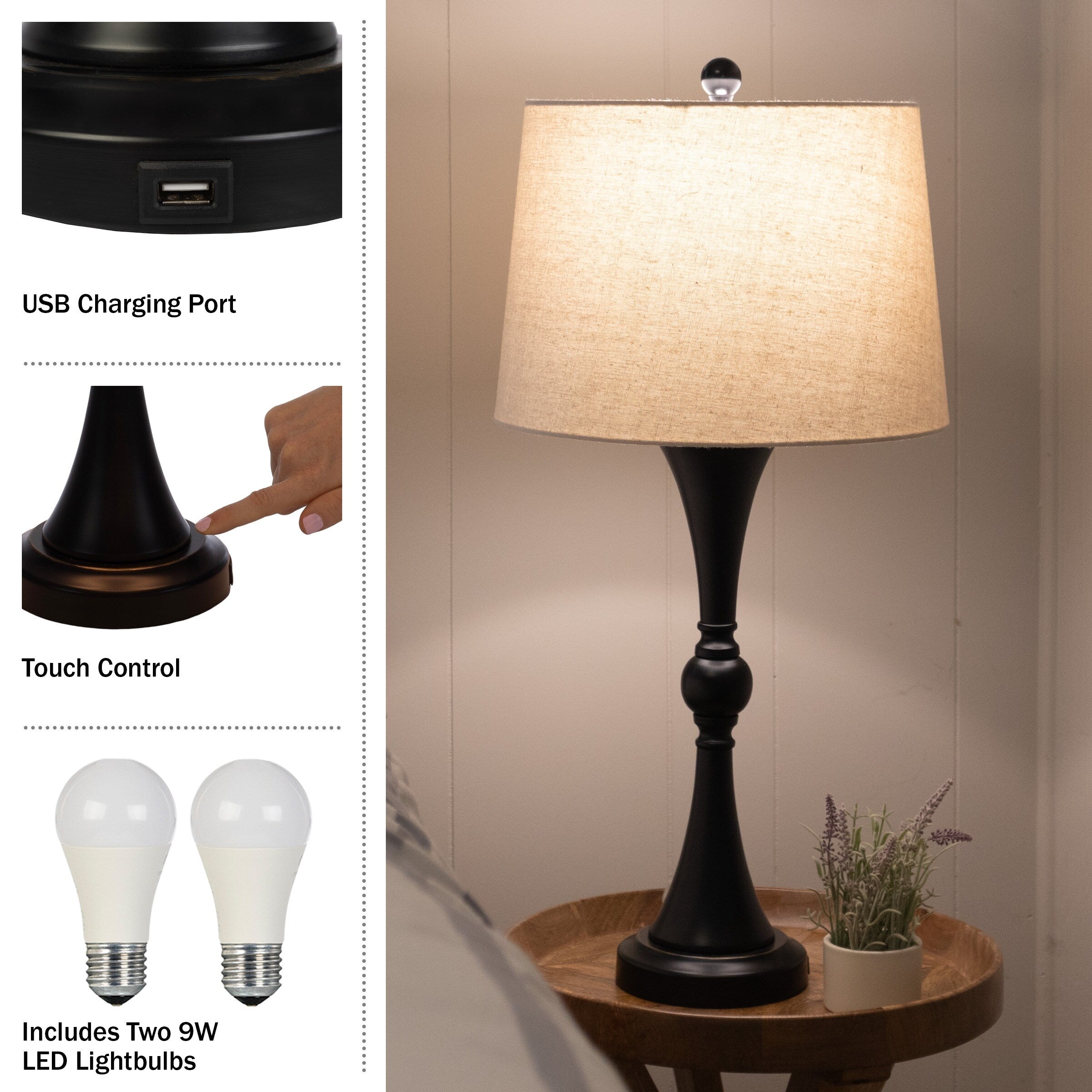 Lavish Home Table Lamps Set with USB Ports